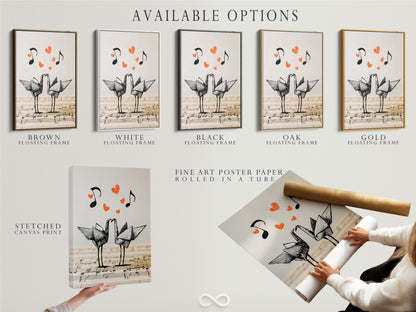 Available options for origami cranes artwork are displayed. Choose from a stretched canvas print. A fine art poster paper is also available. Consider a floating frame for a modern look. Perfect for music lovers.
