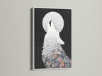 The Wolf Howling at the Moon artwork is displayed in a white frame. The contrast enhances the geometric art style. This piece is ideal for a minimalist or contemporary space. It brings a unique touch to any room as wall art.