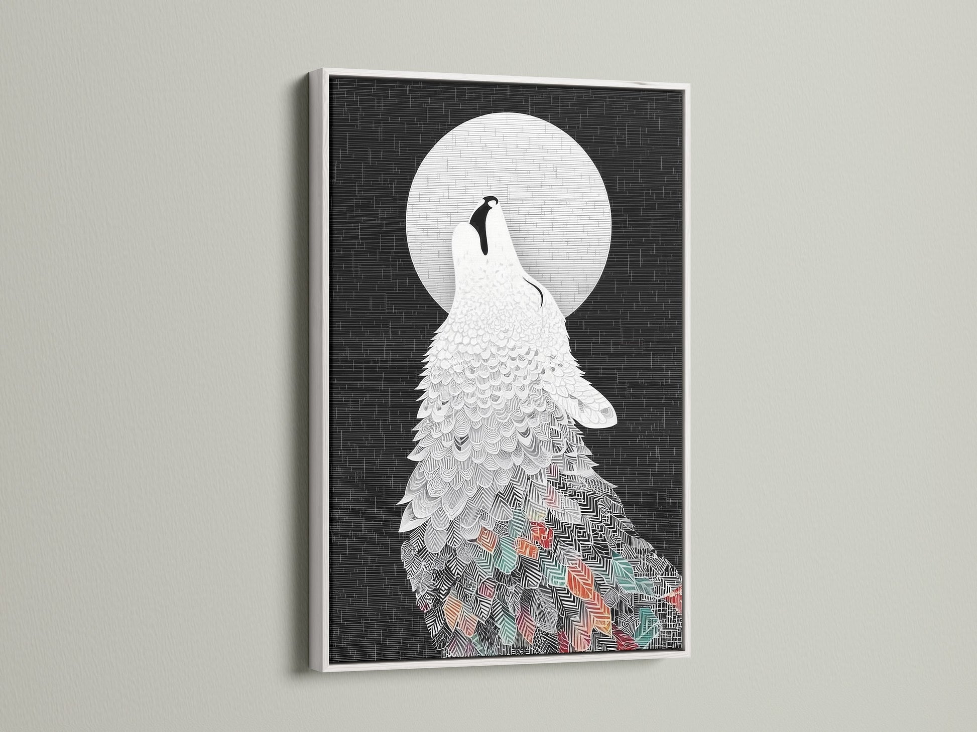 The Wolf Howling at the Moon artwork is displayed in a white frame. The contrast enhances the geometric art style. This piece is ideal for a minimalist or contemporary space. It brings a unique touch to any room as wall art.