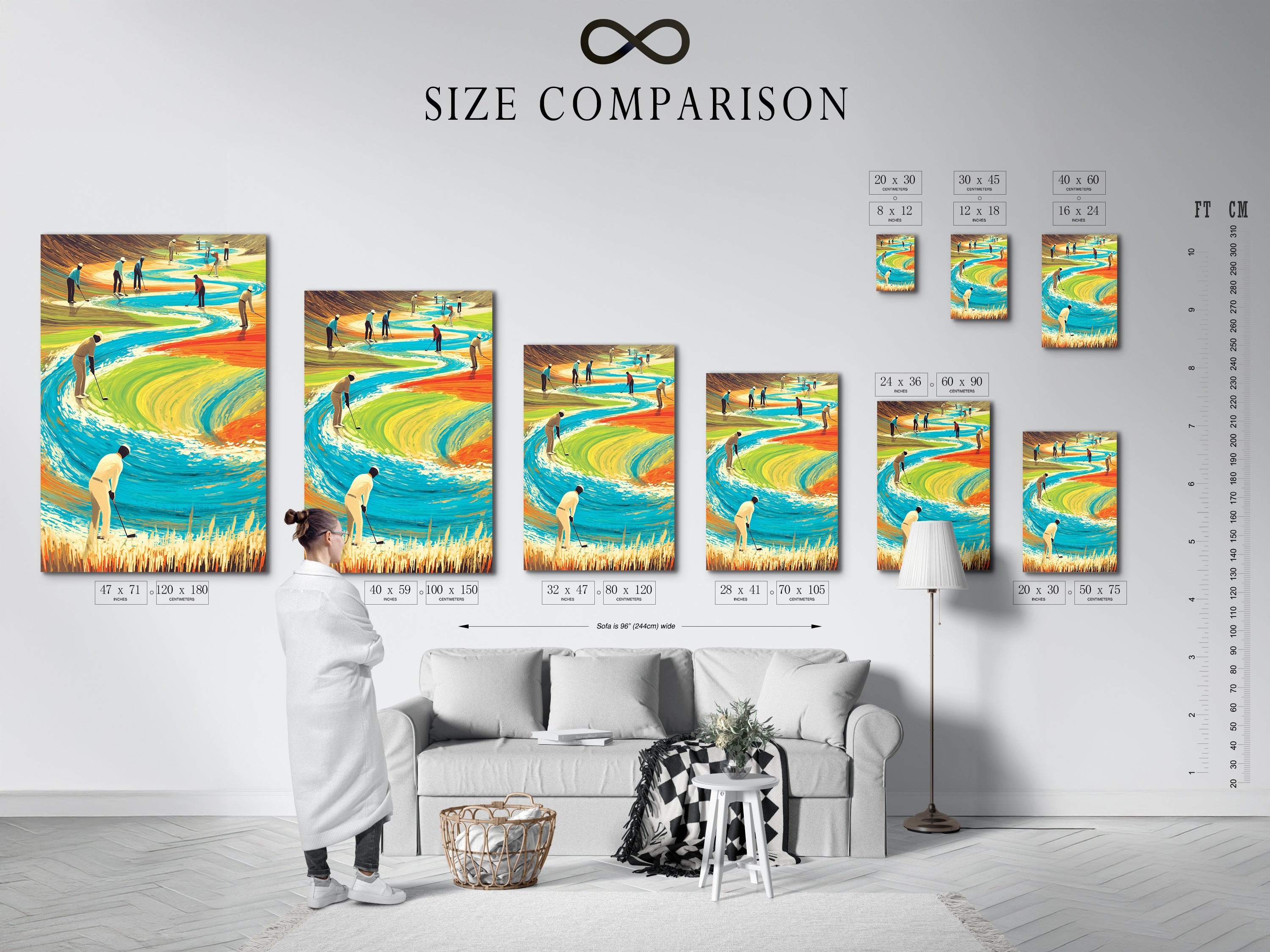 Size comparison chart in an interior setting. See how the golf course artwork fits in a room. Various sizes are available to suit your space. Choose the perfect size for your sports wall decor. Find the ideal fit