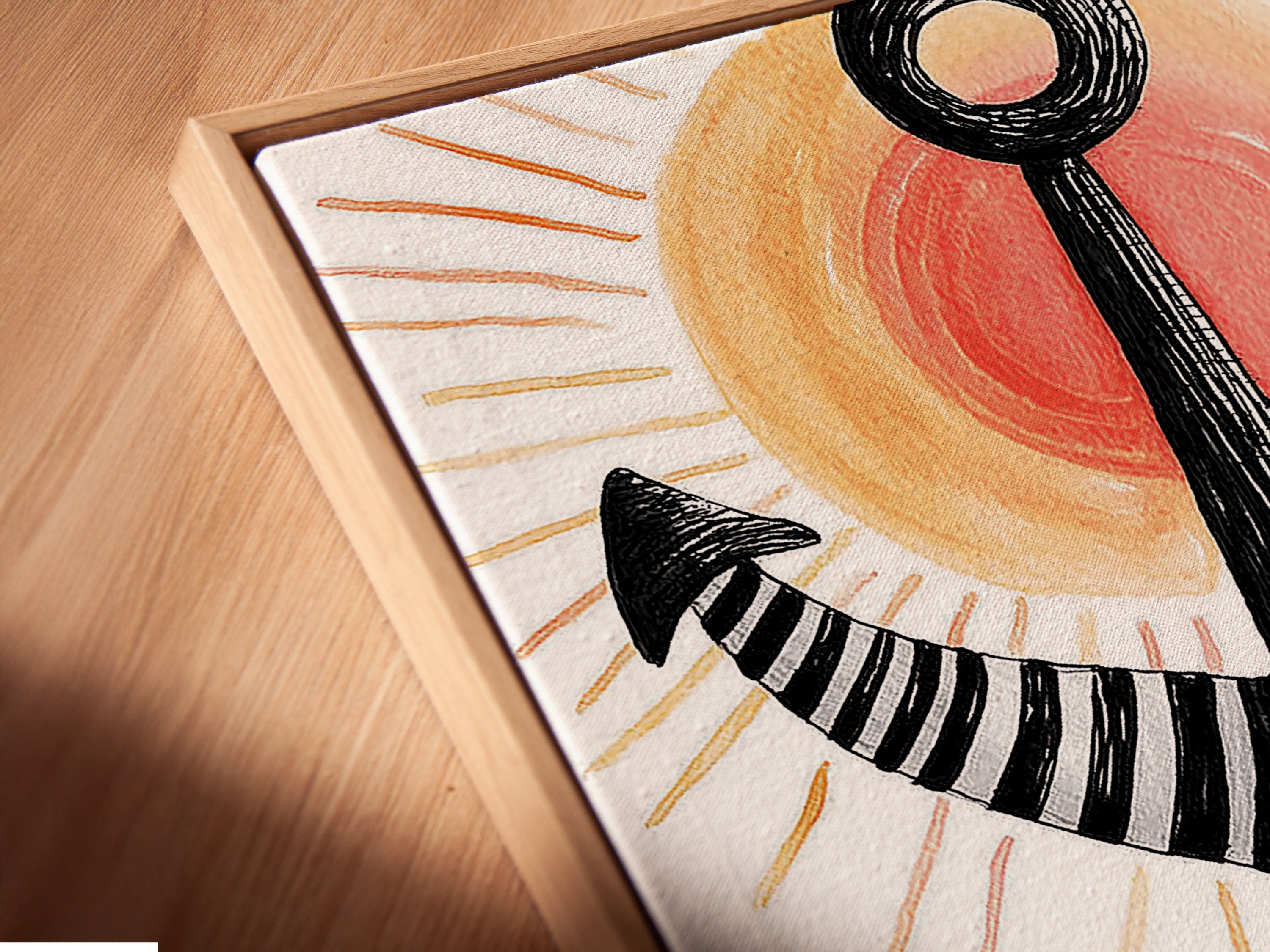 Angled close up of a canvas print in a floating frame. The anchor artwork appears to float adding depth to the wall art. The navy blue waves are vibrant. This piece is perfect for adding a modern touch to any room. Its ideal for homeowners and interior designers alike. Bring coastal vibes to your living space with this unique piece.