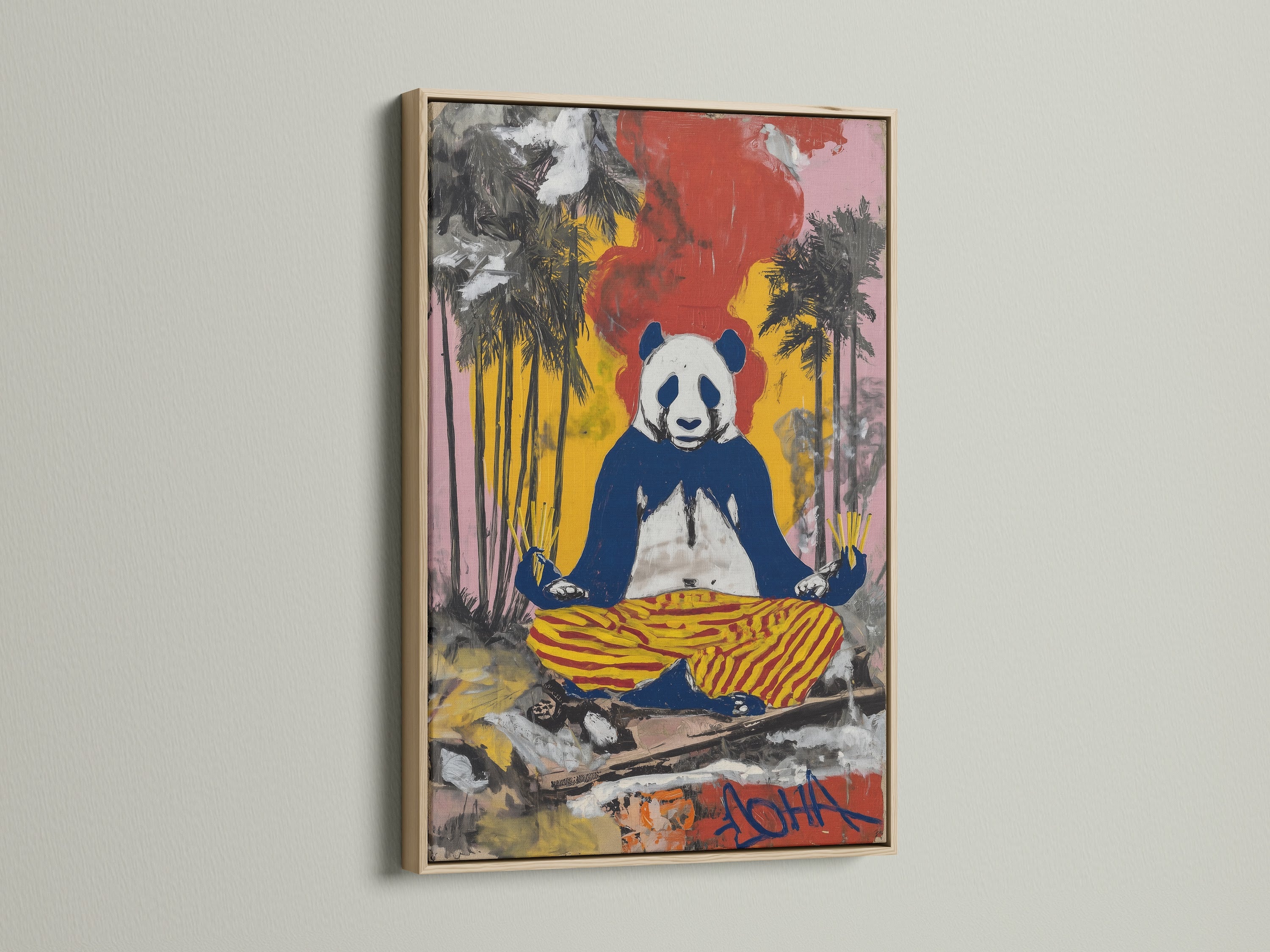 Zen Panda Canvas Print with an oak frame. The art features a meditating panda in a urban setting. It's perfect for adding a spiritual touch to any space. This animal canvas art enhances your home decor.