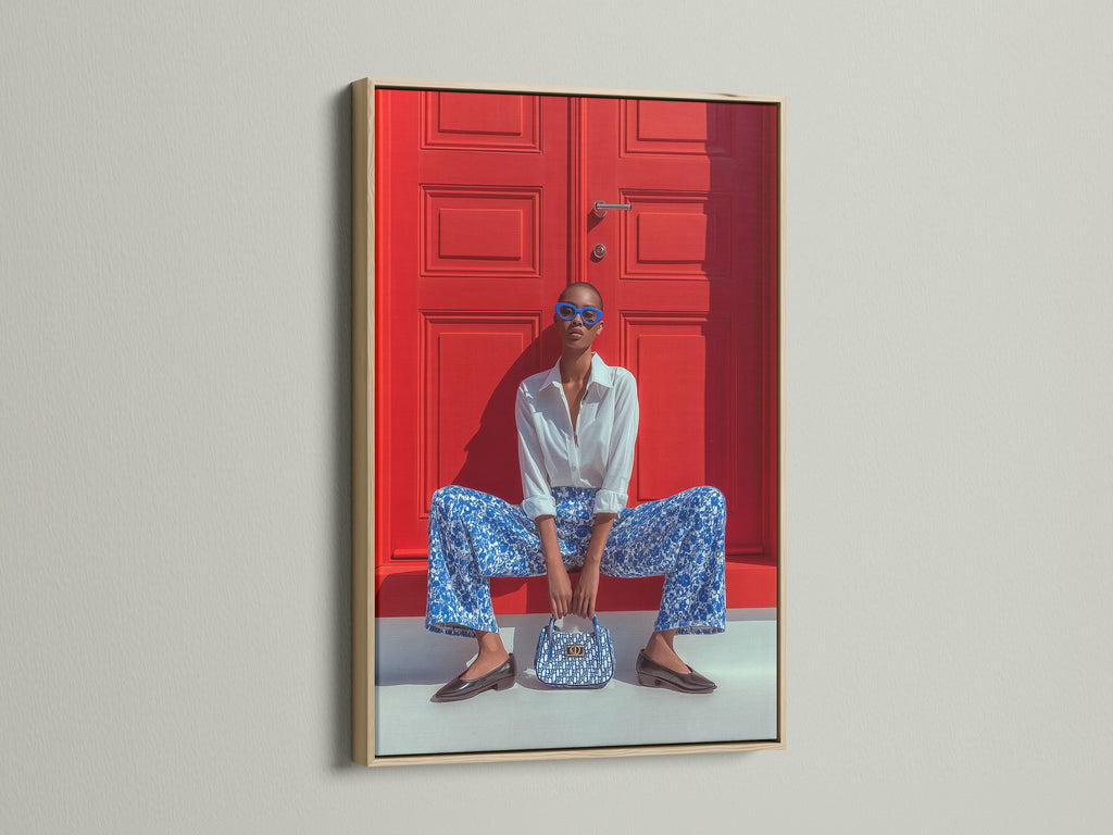Fashion Photography Print - Blue Pattern Outfit Red Door Portrait, Modern Wall Art, Contemporary Home Decor, Style Statement