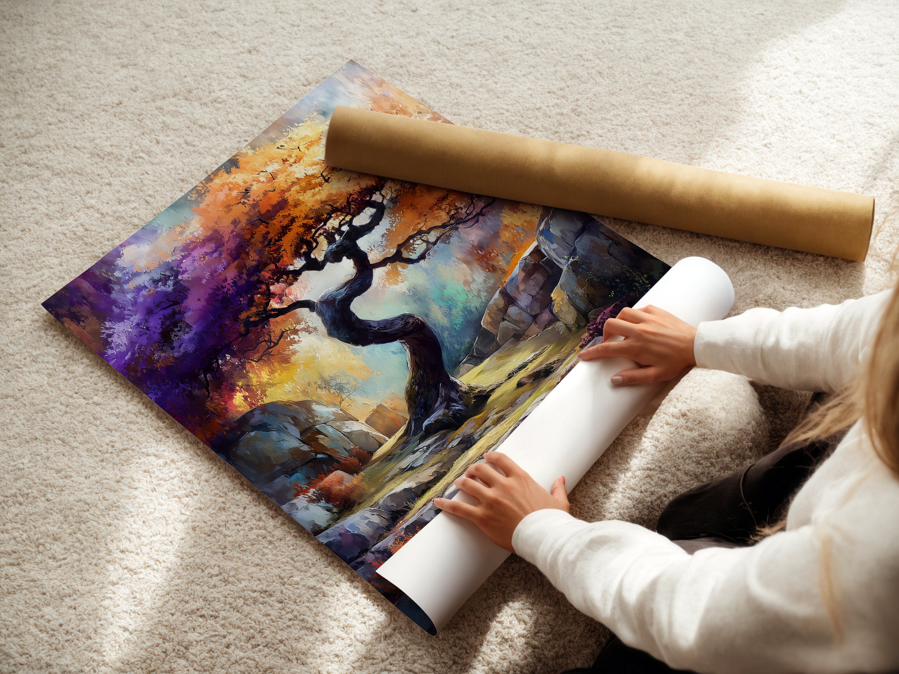 A woman carefully rolls a fine art poster paper print of the mystical tree artwork. This fantasy landscape is printed on high-quality paper. The colorful nature artwork is ready for framing. Get your own print today.