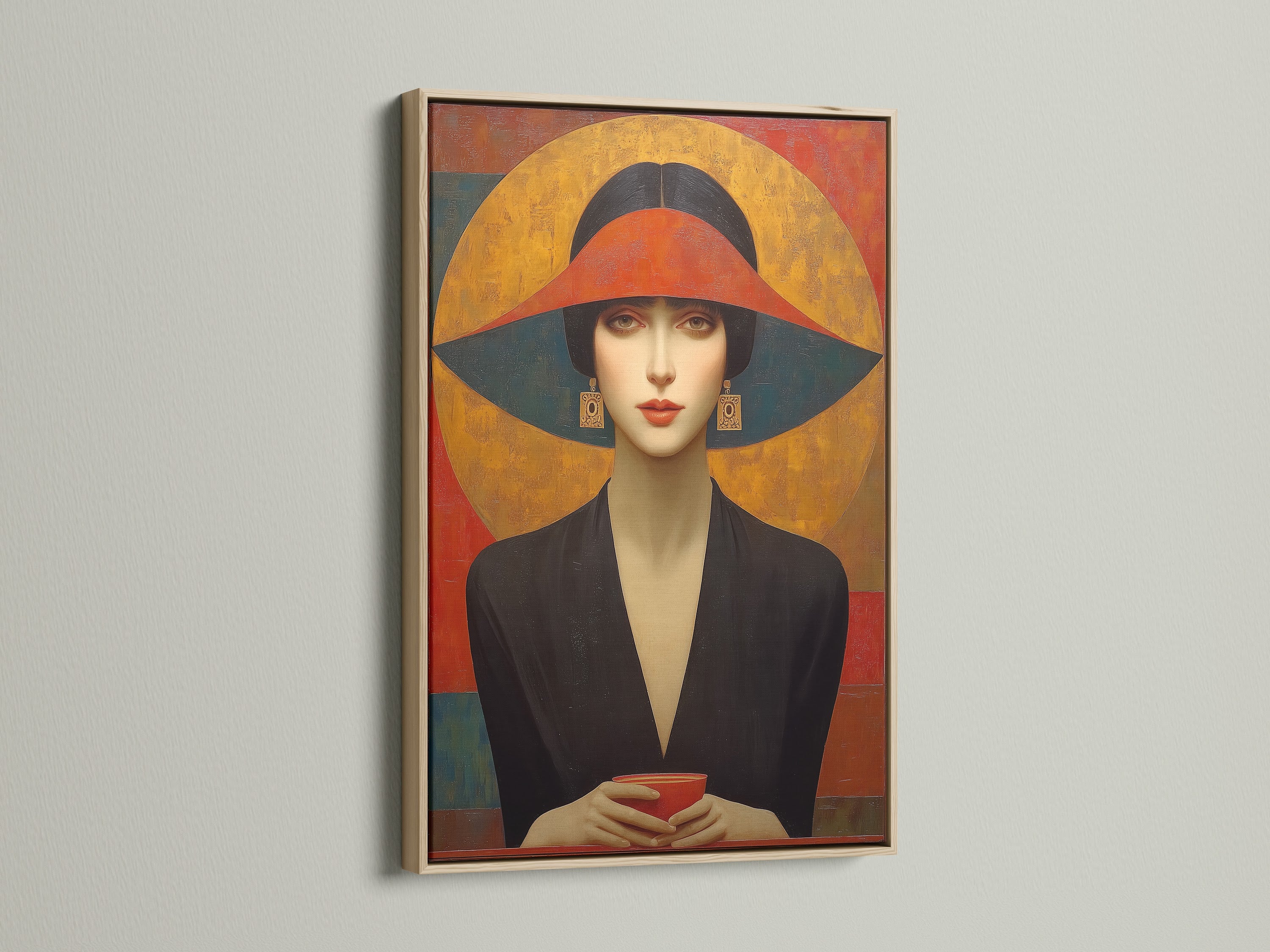 Vintage woman art in an oak frame. The art deco portrait is a retro fashion print. This geometric wall art is perfect for living rooms and bedrooms. Add a touch of 1920s style art to your home. This is vintage poster art at its finest.