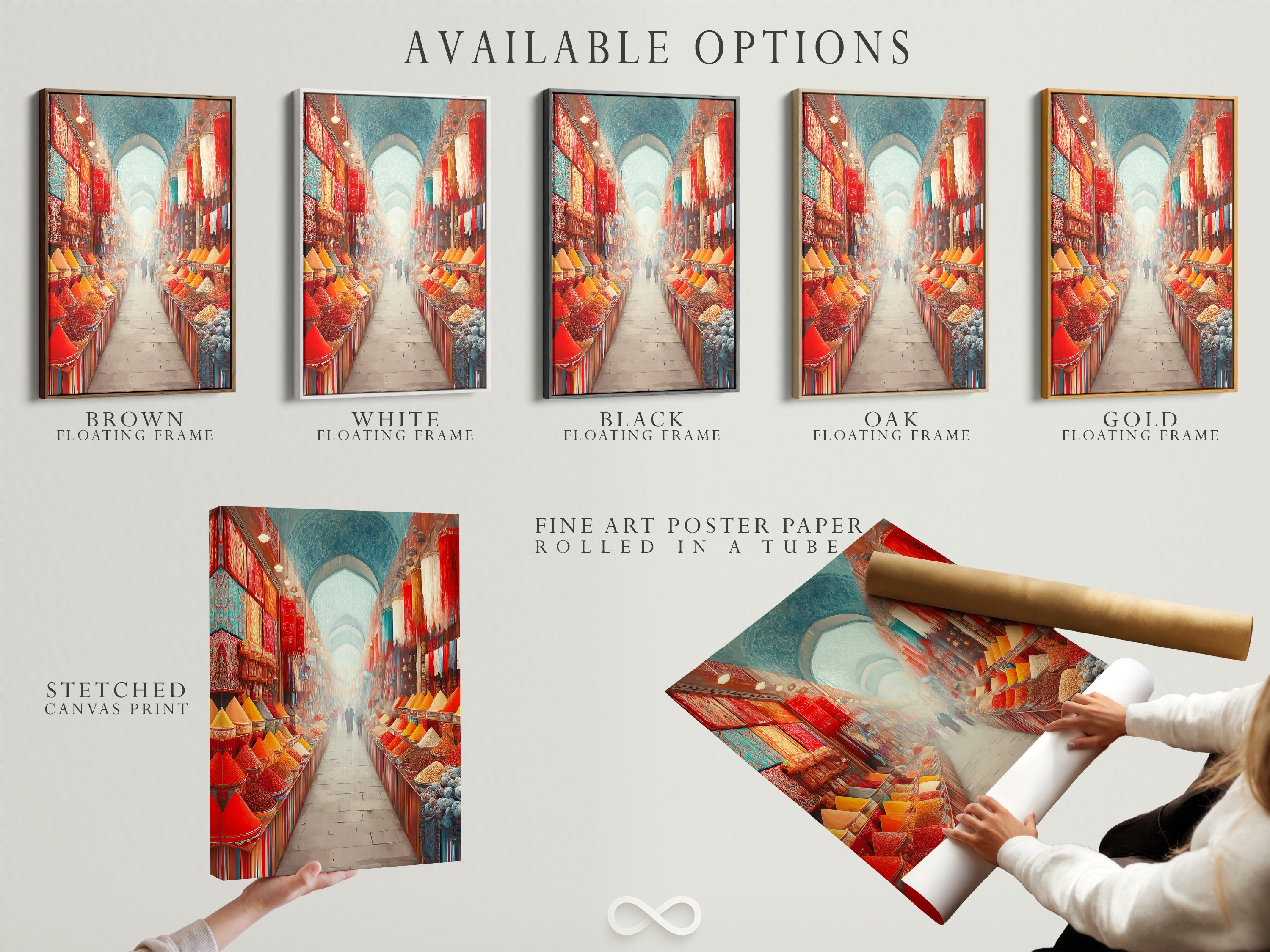 Available options for the Spice Market artwork. Choose from a stretched canvas print fine art poster paper or floating frame. This colorful food photography enhances any kitchen dining room restaurant studio lobby clinic café or boardroom. Add this exotic art to your space.