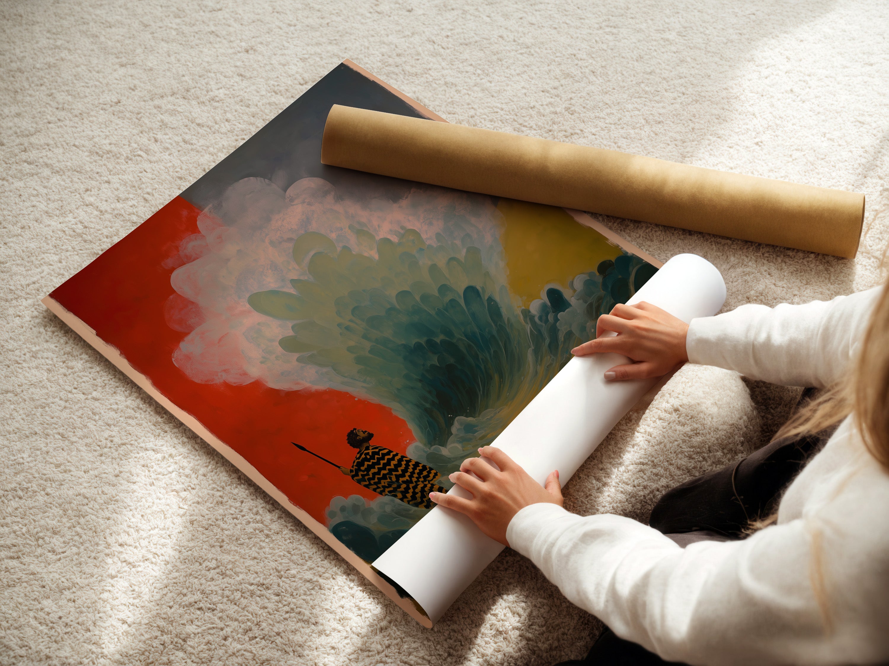 A woman is carefully rolling a fine art poster paper. The poster paper is of high quality. The paper ensures the artwork's longevity. Preserve your art with premium materials. Perfect for artists and collectors alike. Protect your investment with confidence.