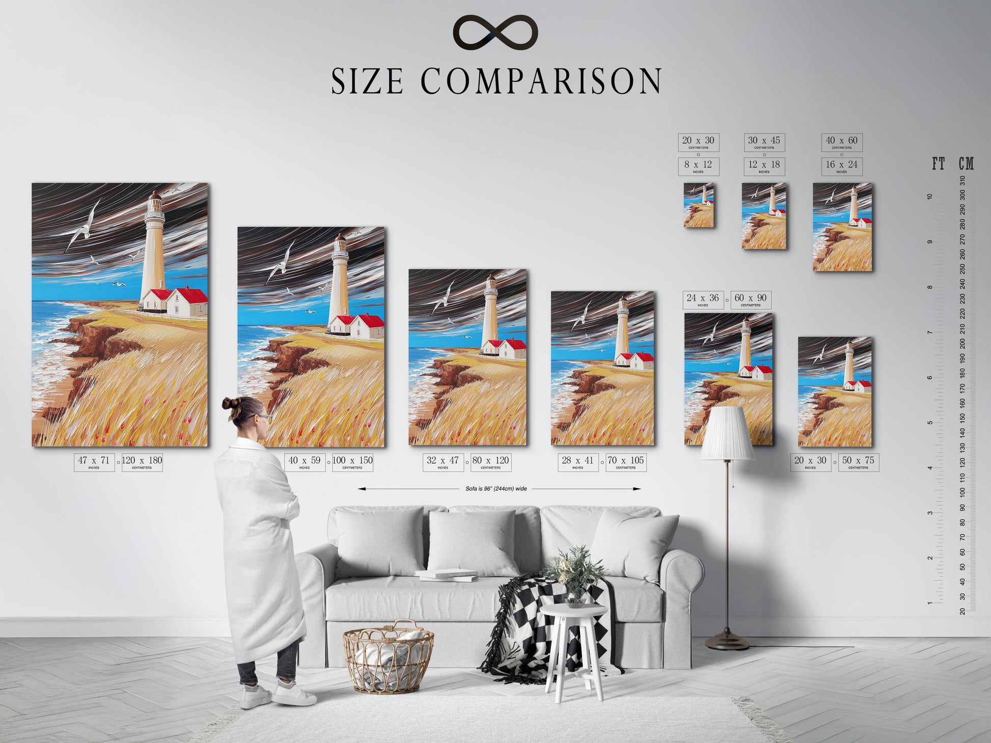 Size comparison chart displayed in an interior setting. Coastal artwork options for any space. Visualize the nautical print in your beach house. Perfect sizes for seascape wall decor.