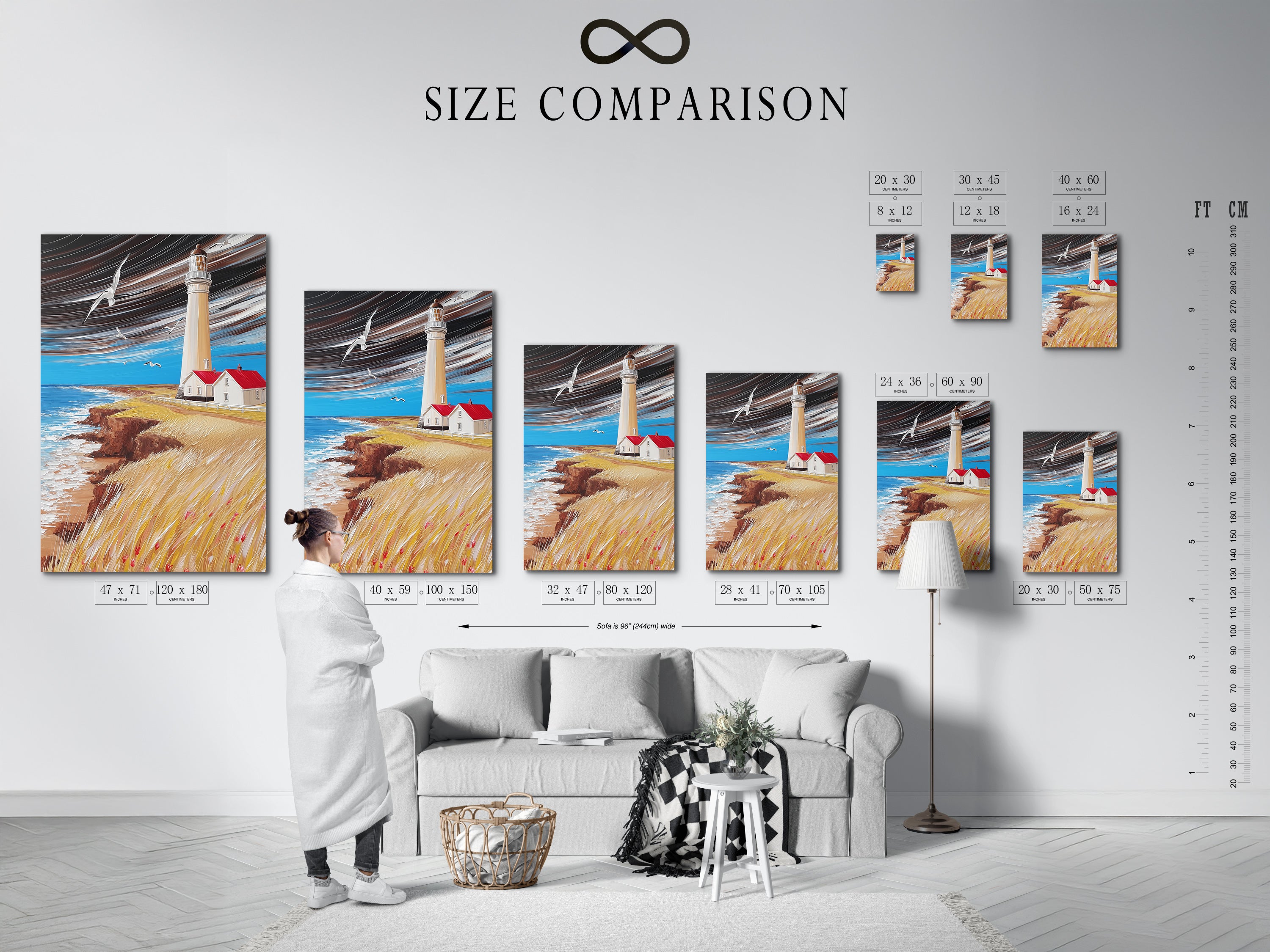 Size comparison chart displayed in an interior setting. Coastal artwork options for any space. Visualize the nautical print in your beach house. Perfect sizes for seascape wall decor.