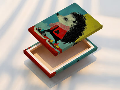 A stretched canvas print of the hedgehog artwork. This whimsical animal canvas wall art is perfect for nursery decor. It is also great for kids' rooms. The colorful animal print adds a playful touch to any space. Add a contemporary style to your home.