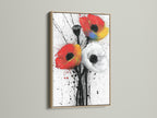 Abstract Poppy Canvas Art in an oak frame. This modern floral artwork features red and white flowers. Ideal for adding a touch of nature to your living space. It enhances bedroom wall decor or office wall art. Perfect for any interior style and color palette.