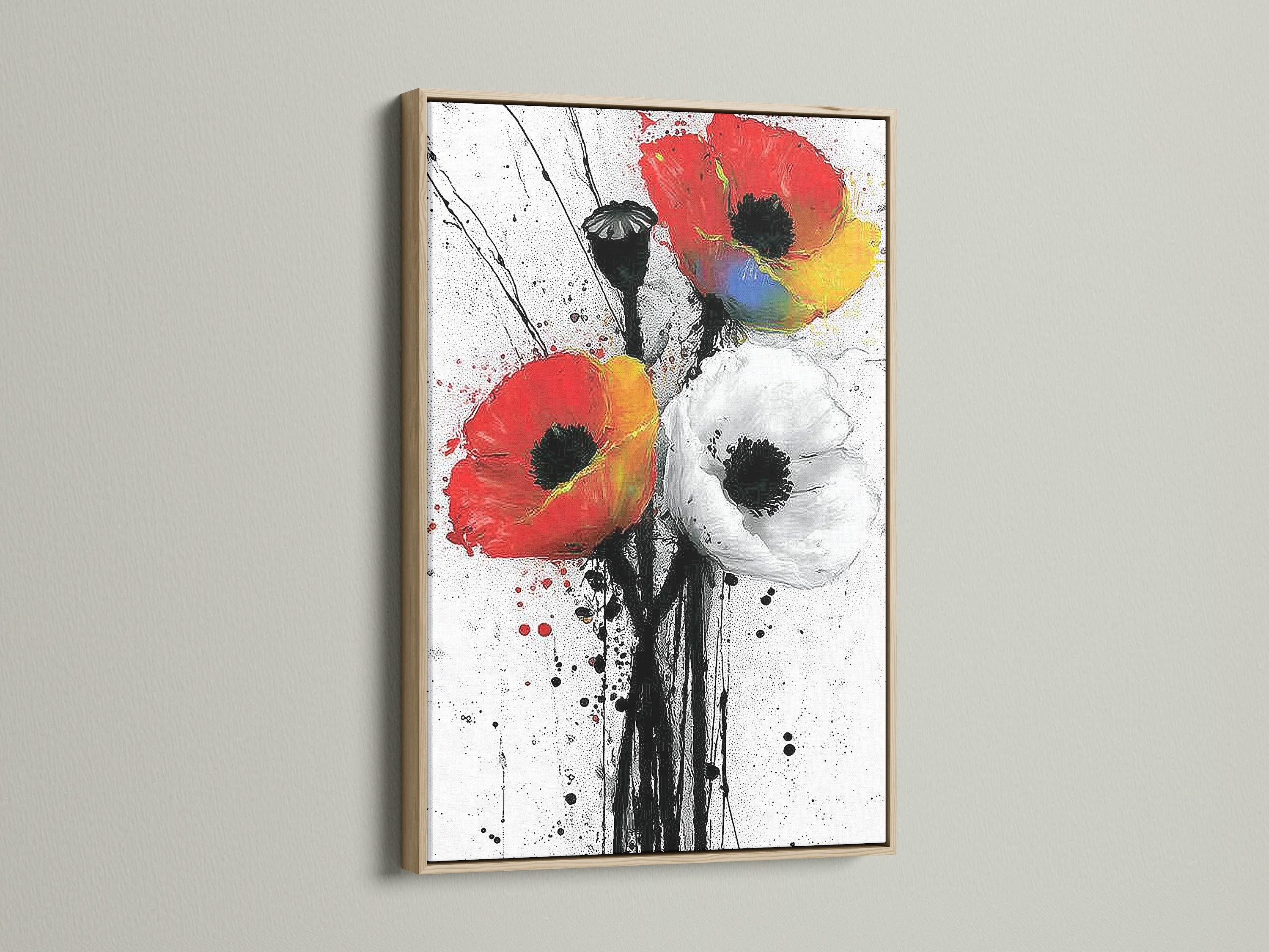 Abstract Poppy Canvas Art in an oak frame. This modern floral artwork features red and white flowers. Ideal for adding a touch of nature to your living space. It enhances bedroom wall decor or office wall art. Perfect for any interior style and color palette.