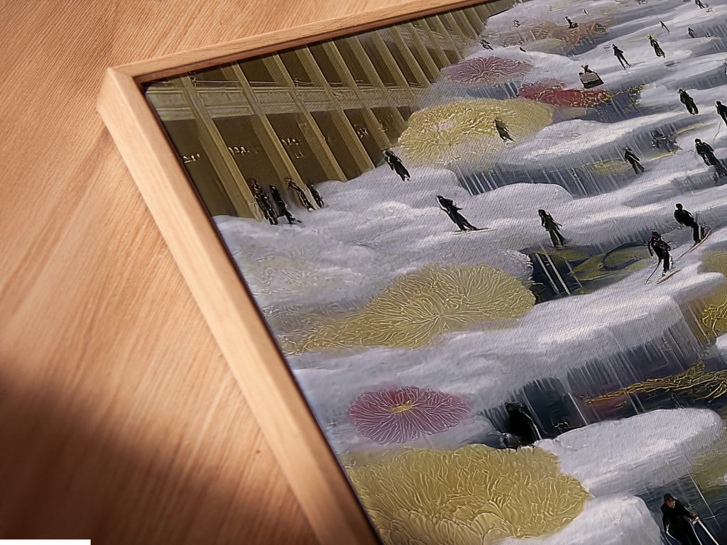 A close up of a canvas print in a floating frame. This frame style enhances the artwork's depth. Perfect for showcasing winter sports art. The alpine canvas print appears to float. Ideal for modern cabin wall decor.