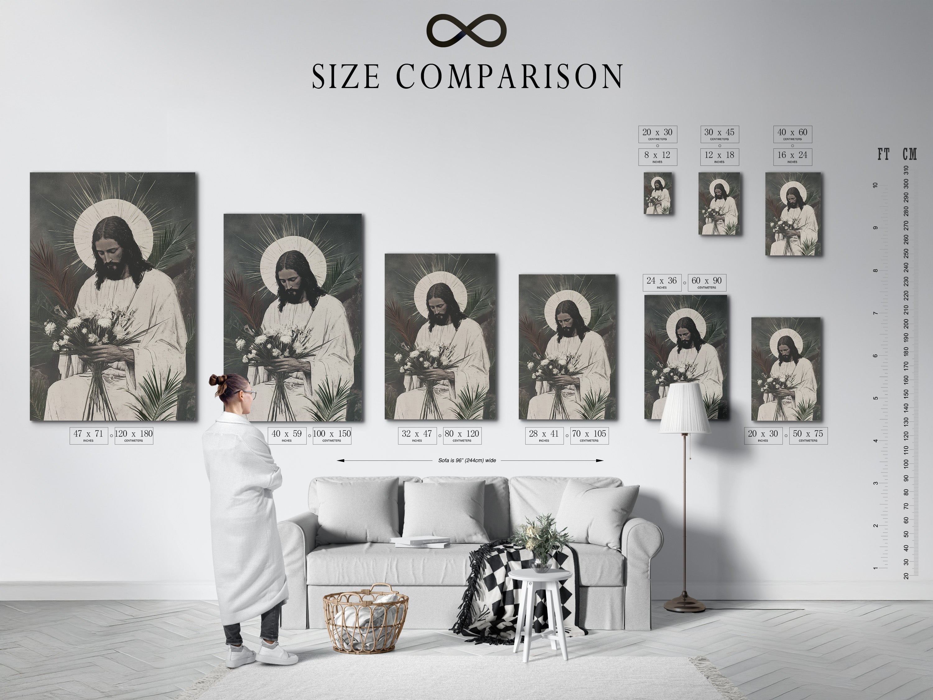 Size comparison chart displayed in a stylish interior. See how different sizes of artwork fit in your space. Visualize the perfect size for your next art piece. Use our chart to make the right choice