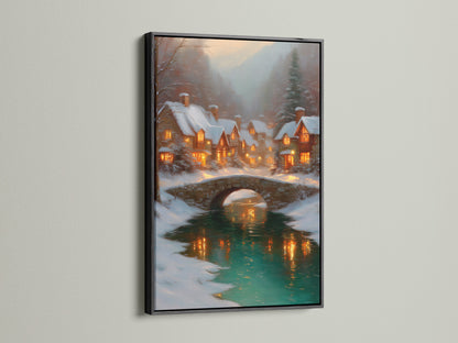 Winter Village artwork in a black frame. The snow village decor evokes a cozy cabin art feel. This Christmas wall art features a charming bridge landscape. Perfect for adding a festive touch to your home. A stunning winter scene print.