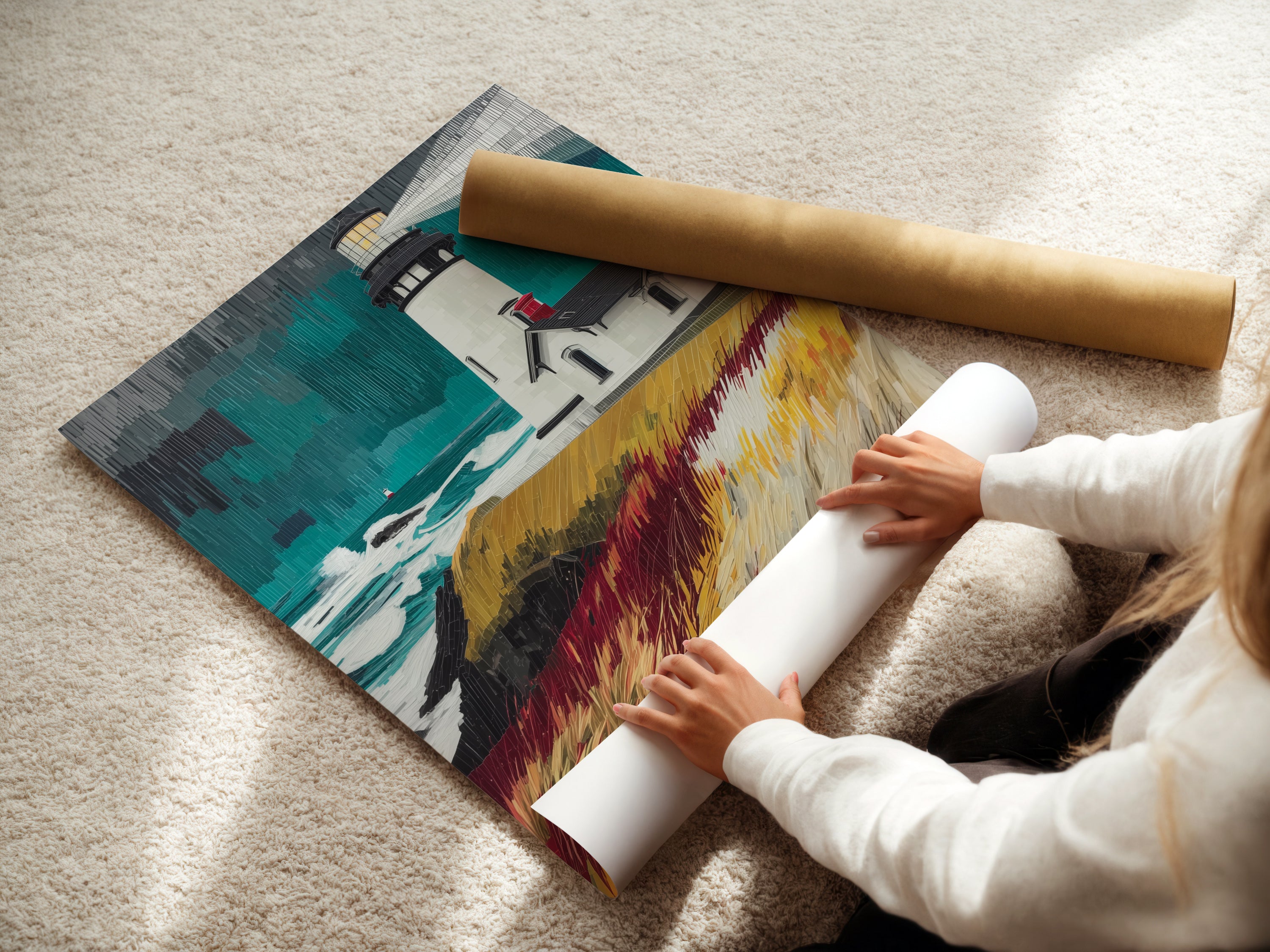 A woman is carefully rolling a fine art poster paper. The lighthouse coastal artwork is being prepared for display. This nautical seascape print offers a high-quality option for art enthusiasts. The fine art poster paper ensures vibrant colors and sharp details. Perfect for those seeking a refined ocean painting for their home or office.