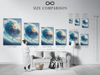 Size comparison chart of the surreal tiger wave art in an interior setting. The art features a surfer riding a blue ocean wave. The tiger is a fantasy animal. Perfect for office wall decor.