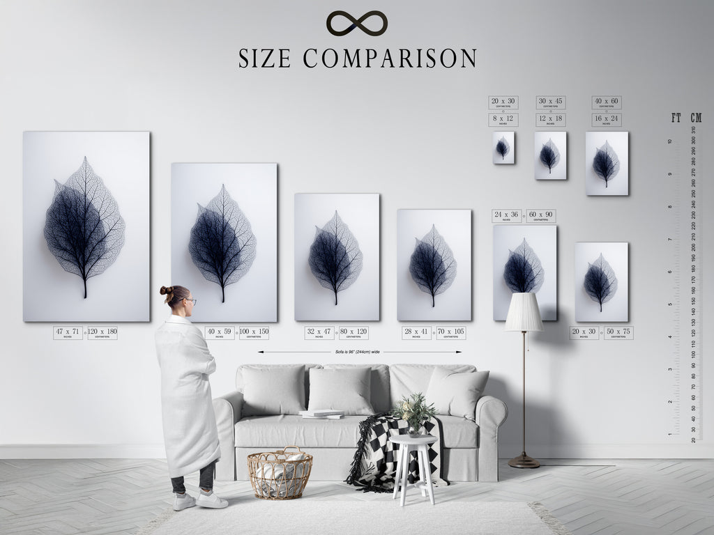 A size comparison chart is displayed in an interior setting. Visualize the different art print sizes. See how each size fits in a room. Choose the perfect size for your wall. Plan your artwork display with our size guide.