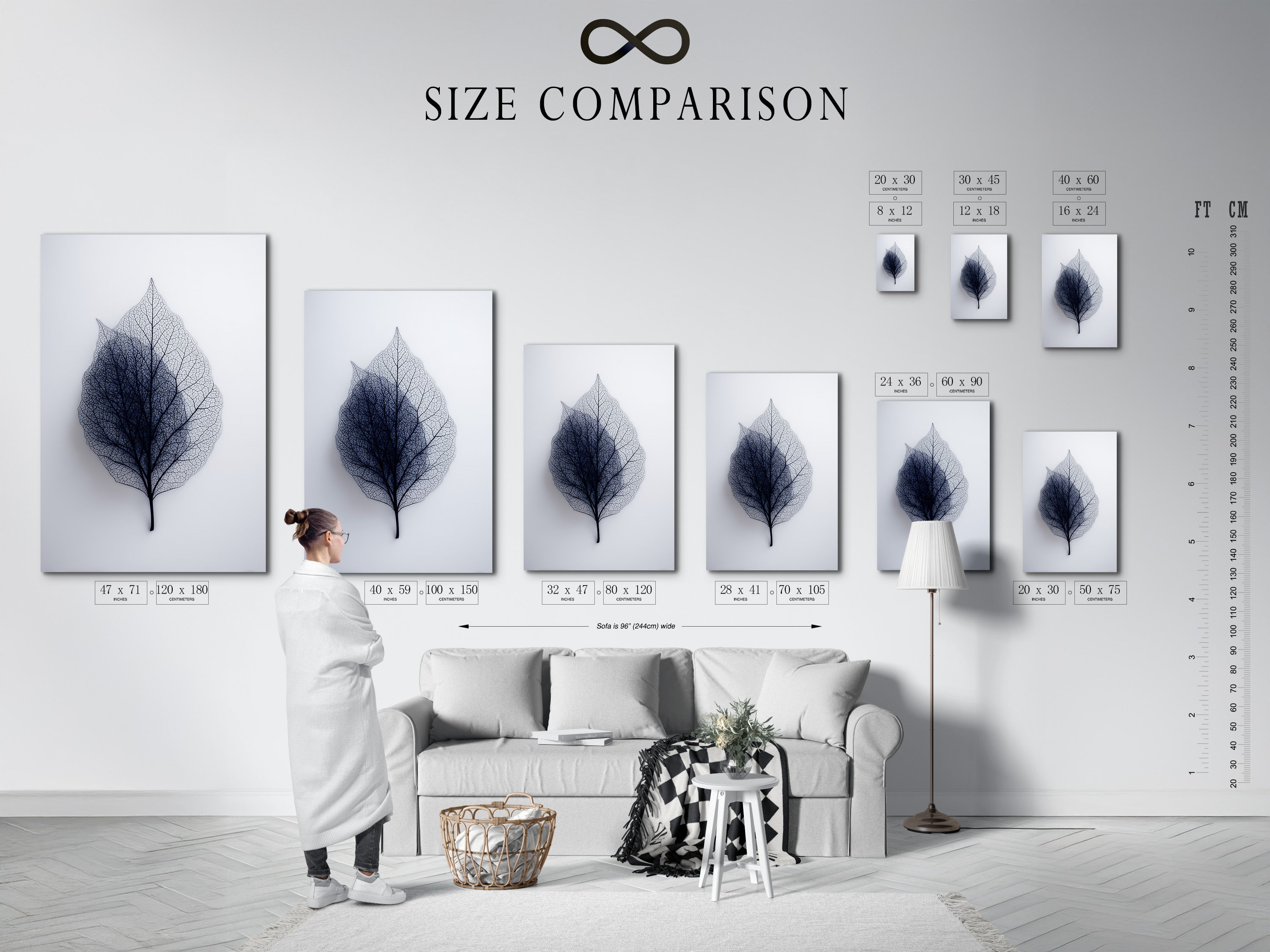 A size comparison chart is displayed in an interior setting. Visualize the different art print sizes. See how each size fits in a room. Choose the perfect size for your wall. Plan your artwork display with our size guide.