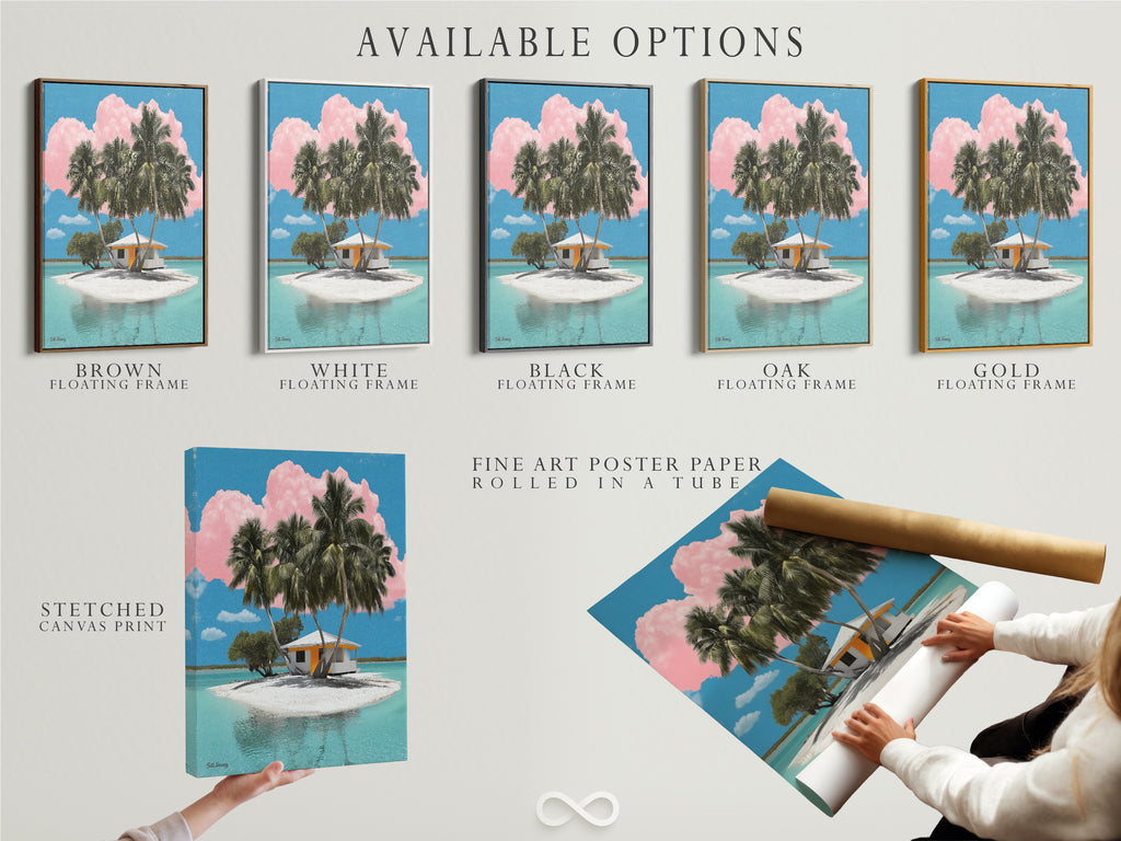 Explore available options for our tropical island artwork. Choose from stretched canvas prints fine art poster paper or floating frames. Each option offers a unique way to display this coastal artwork. Bring the serene beauty of the islands into your home today.