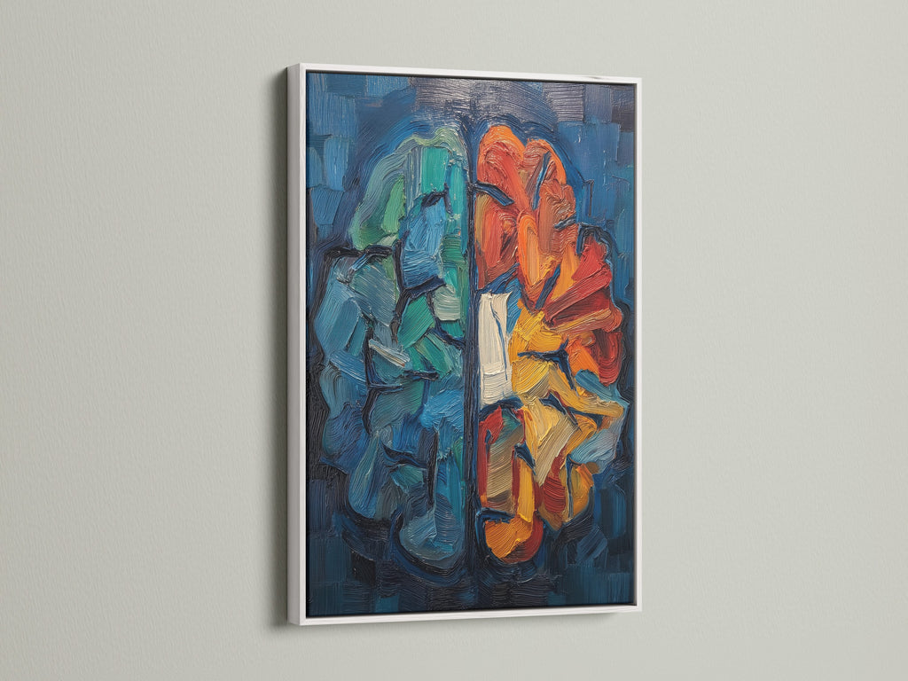 Abstract brain art print is beautifully showcased in a white frame. Its clean lines enhance the artwork's contemporary style. Perfect for adding a pop of color to minimalist decor. Ideal for medical offices or modern homes. Brighten your walls with this neuroscience artwork.