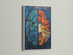 Abstract brain art print is beautifully showcased in a white frame. Its clean lines enhance the artwork's contemporary style. Perfect for adding a pop of color to minimalist decor. Ideal for medical offices or modern homes. Brighten your walls with this neuroscience artwork.