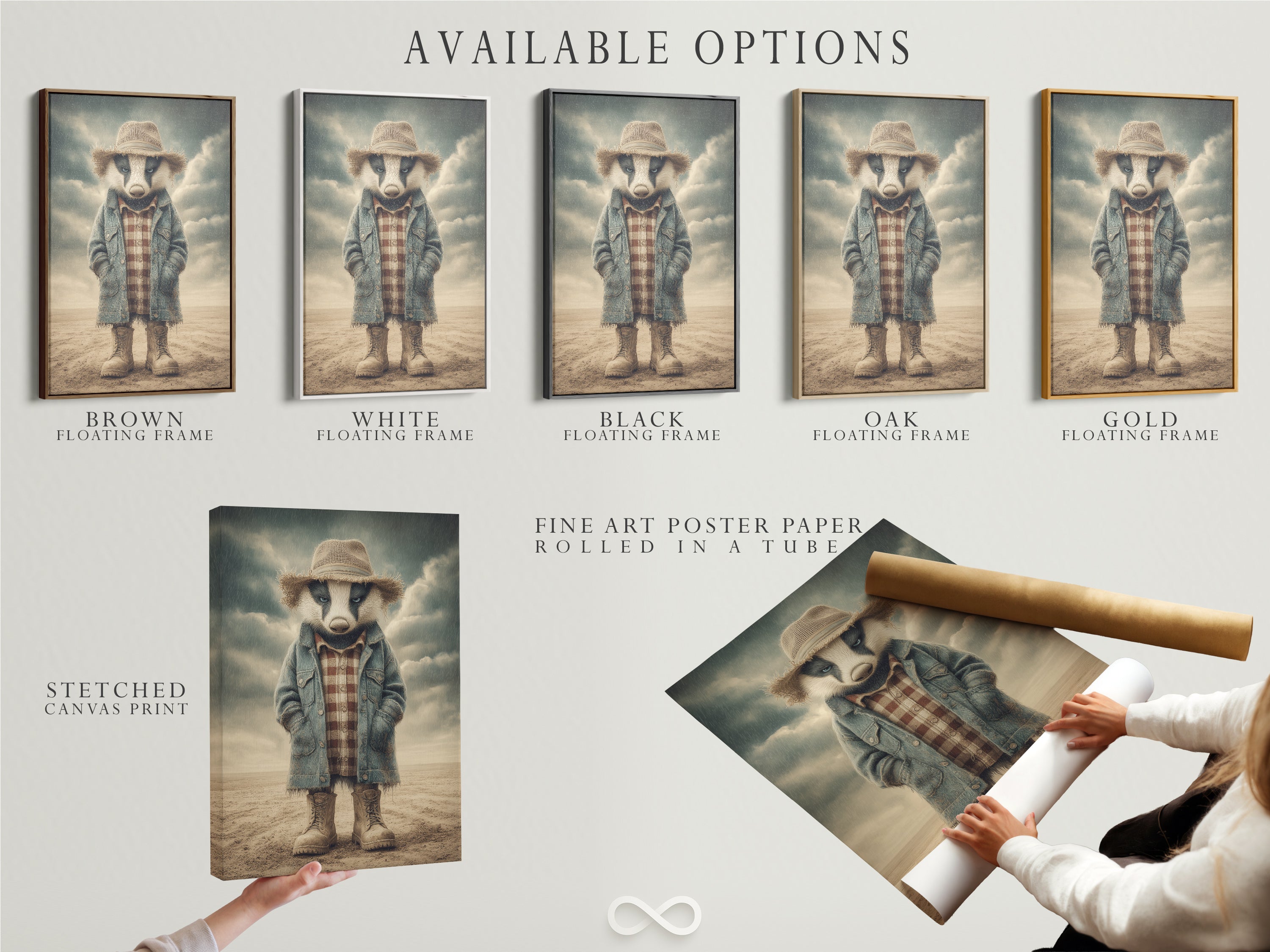 Available options include a stretched canvas print. Also offered is fine art poster paper and a floating frame. Customize your Badger Cowboy artwork to match your style. These options ensure a perfect fit for any home decor. Ideal for rustic farmhouse or western-themed rooms. Elevate your space today.