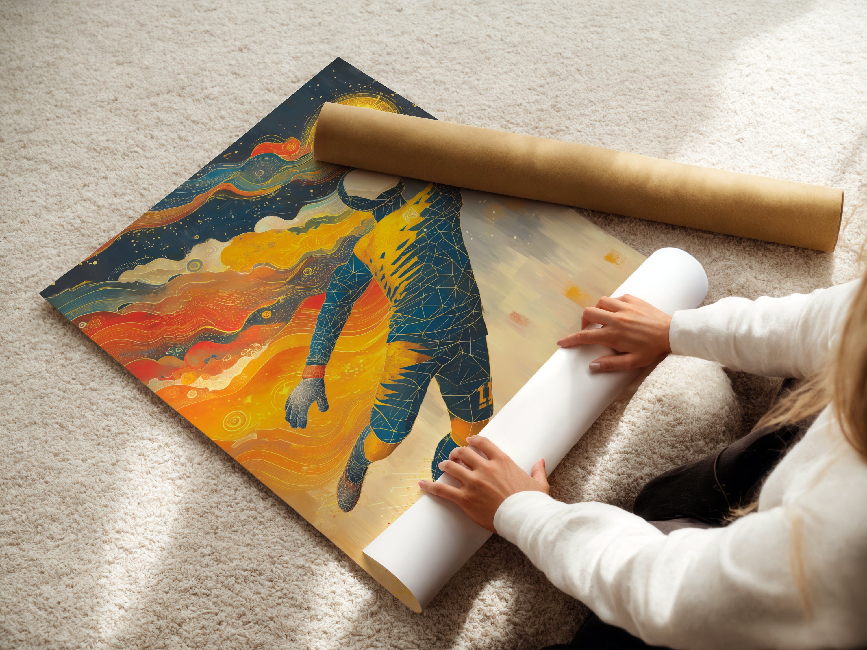 A woman is carefully rolling a fine art poster paper. The paper features a soccer goalkeeper artwork. This sports poster is perfect for a boys room. This athletic art is ideal for any sports-themed space. The fine art poster paper ensures high quality.