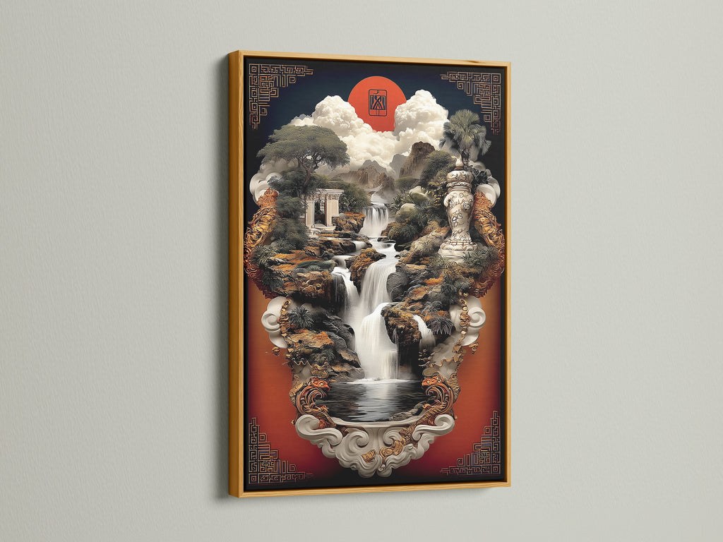 Gold frame presents an Asian Zen Garden Wall Art. This oriental print offers serene scenery. Ideal for meditation decor and spiritual artwork. Explore how this calming art enhances your space. A tranquil water feature art.