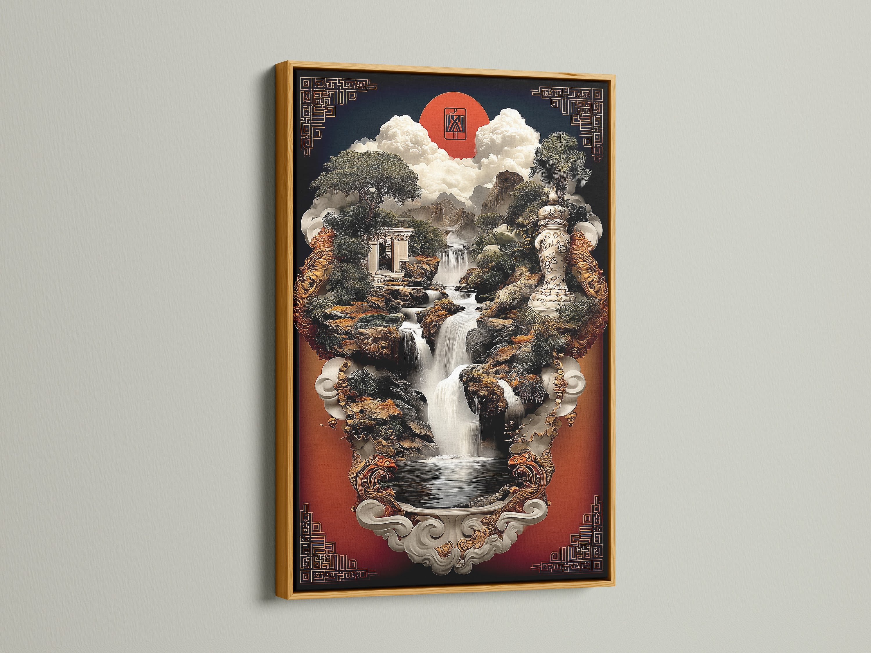 Gold frame presents an Asian Zen Garden Wall Art. This oriental print offers serene scenery. Ideal for meditation decor and spiritual artwork. Explore how this calming art enhances your space. A tranquil water feature art.