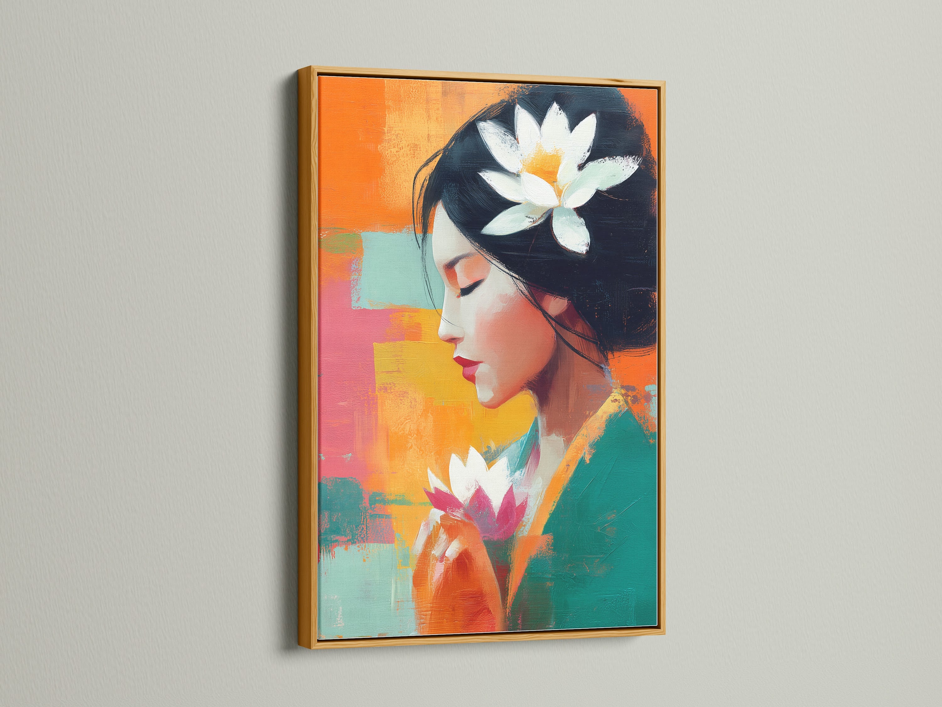 The lotus flower woman artwork is elegantly showcased in a gold frame. This zen wall art piece makes a statement in any room. This colorful abstract portrait on canvas enhances meditation room decor. It is spiritual wall art for mindfulness.