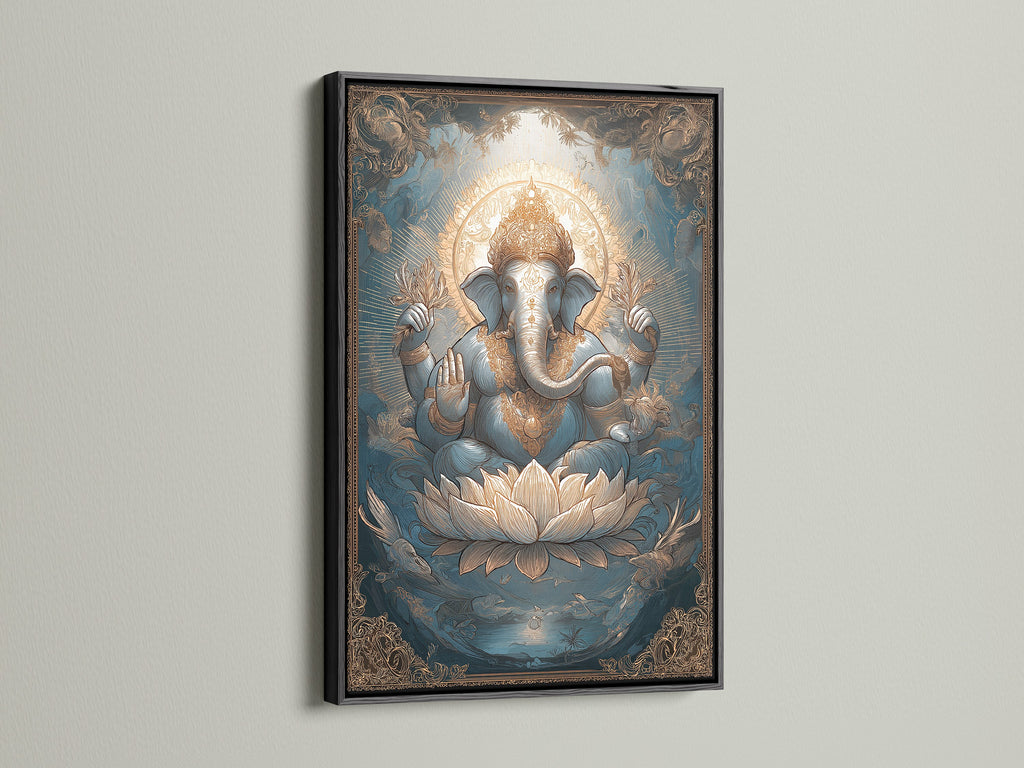 Ganesha Canvas Art in a black frame. This Hindu deity print is a great addition to any space. The Elephant God art is perfect for yoga studio decor. The Lotus art print brings spiritual decor.