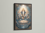 Ganesha Canvas Art in a black frame. This Hindu deity print is a great addition to any space. The Elephant God art is perfect for yoga studio decor. The Lotus art print brings spiritual decor.