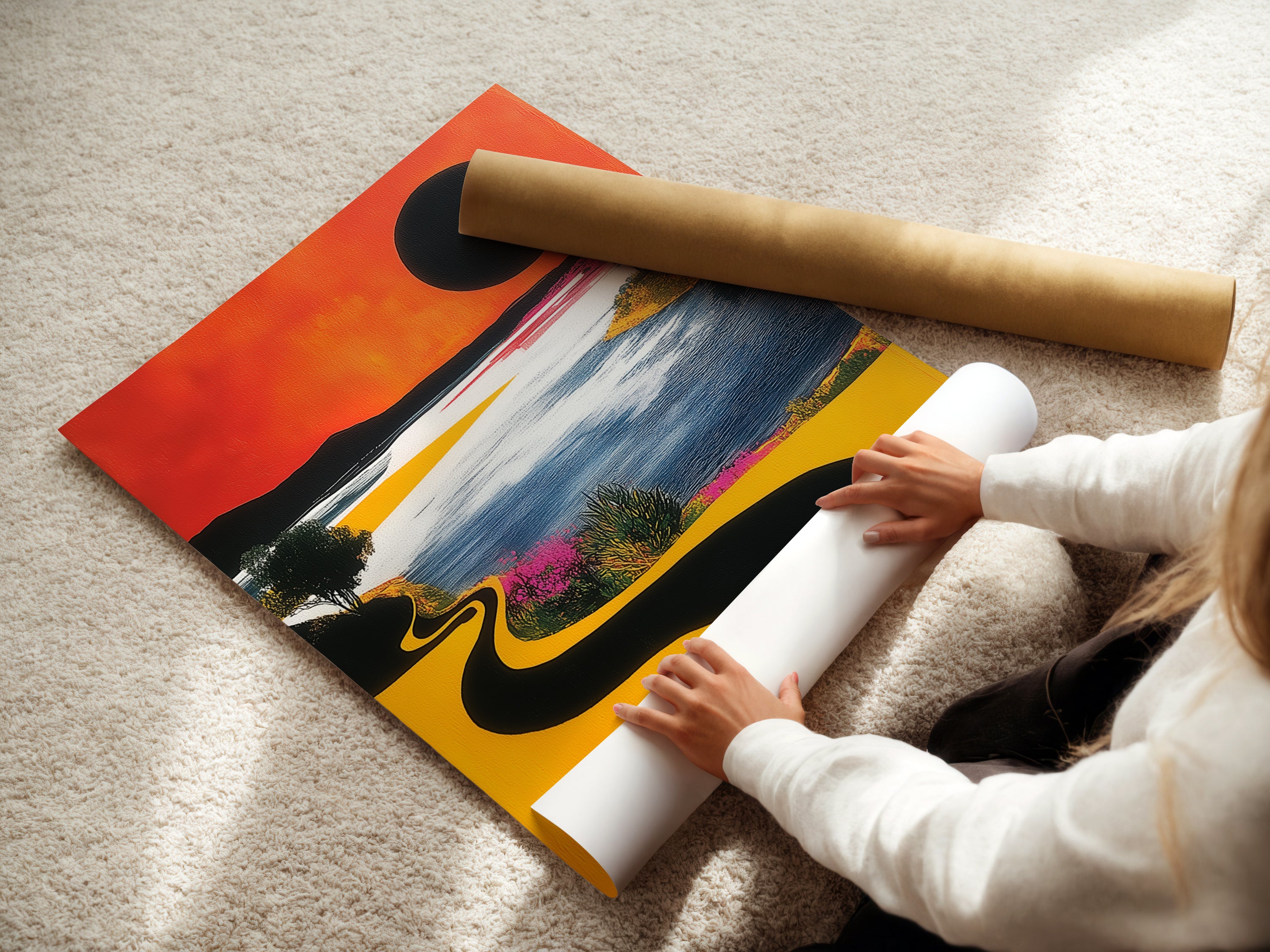 A woman is carefully rolling a fine art poster paper. The high-quality paper is perfect for printing detailed artwork. Ideal for homeowners renters and interior designers to create custom wall art.