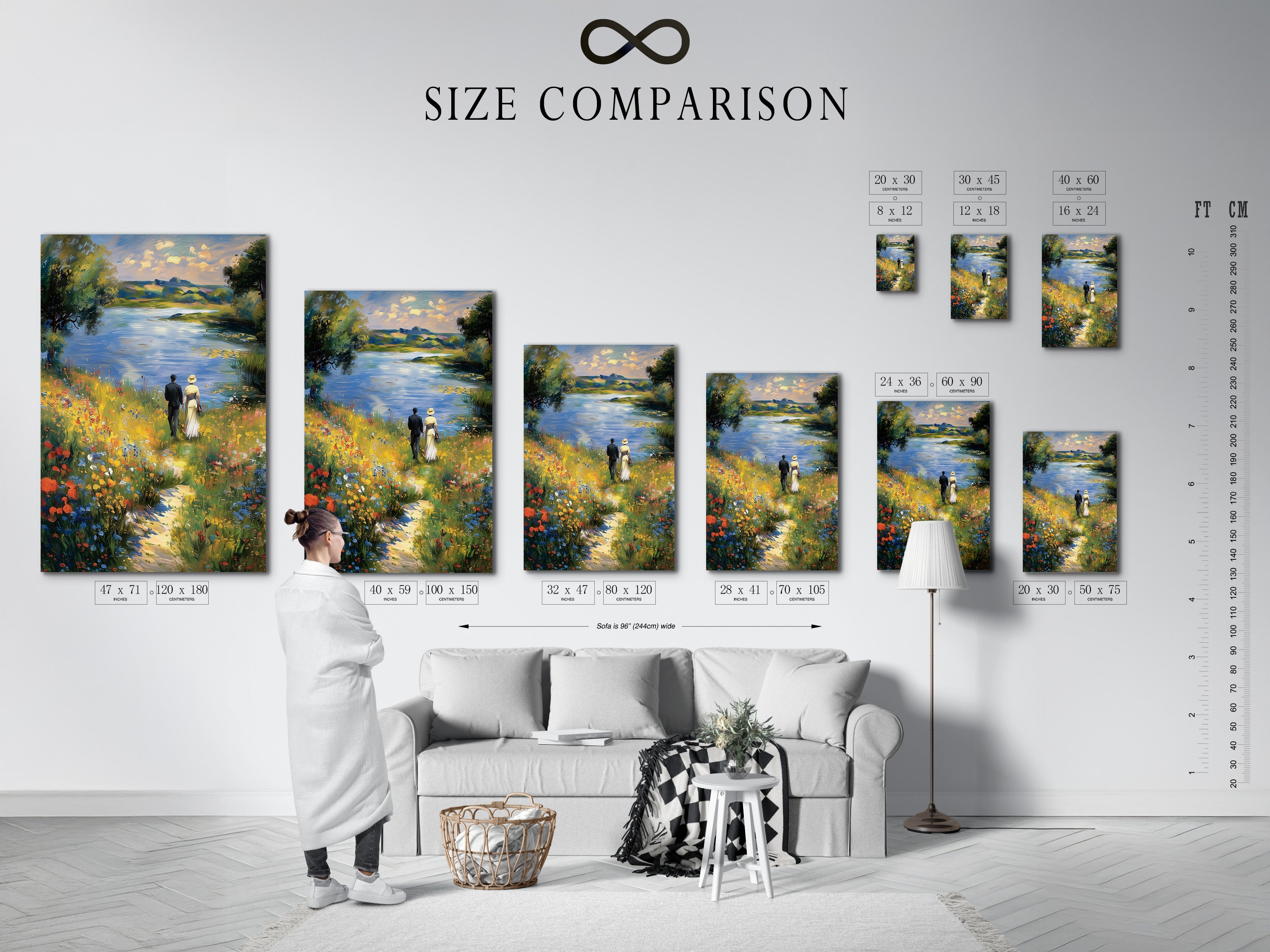 Size comparison chart in an interior setting. Find the perfect size for your space. See how different sizes look on a wall. This chart helps you visualize your art. Choose the best fit for your room.