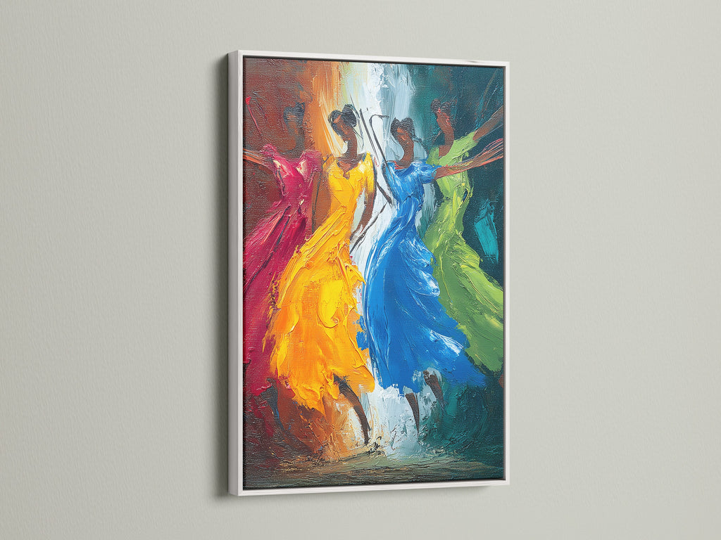The Dancing Figures colorful abstract artwork is displayed in a white frame. This vibrant movement wall artwork adds a clean and modern touch to your bedroom decor. It is perfect for contemporary spaces.
