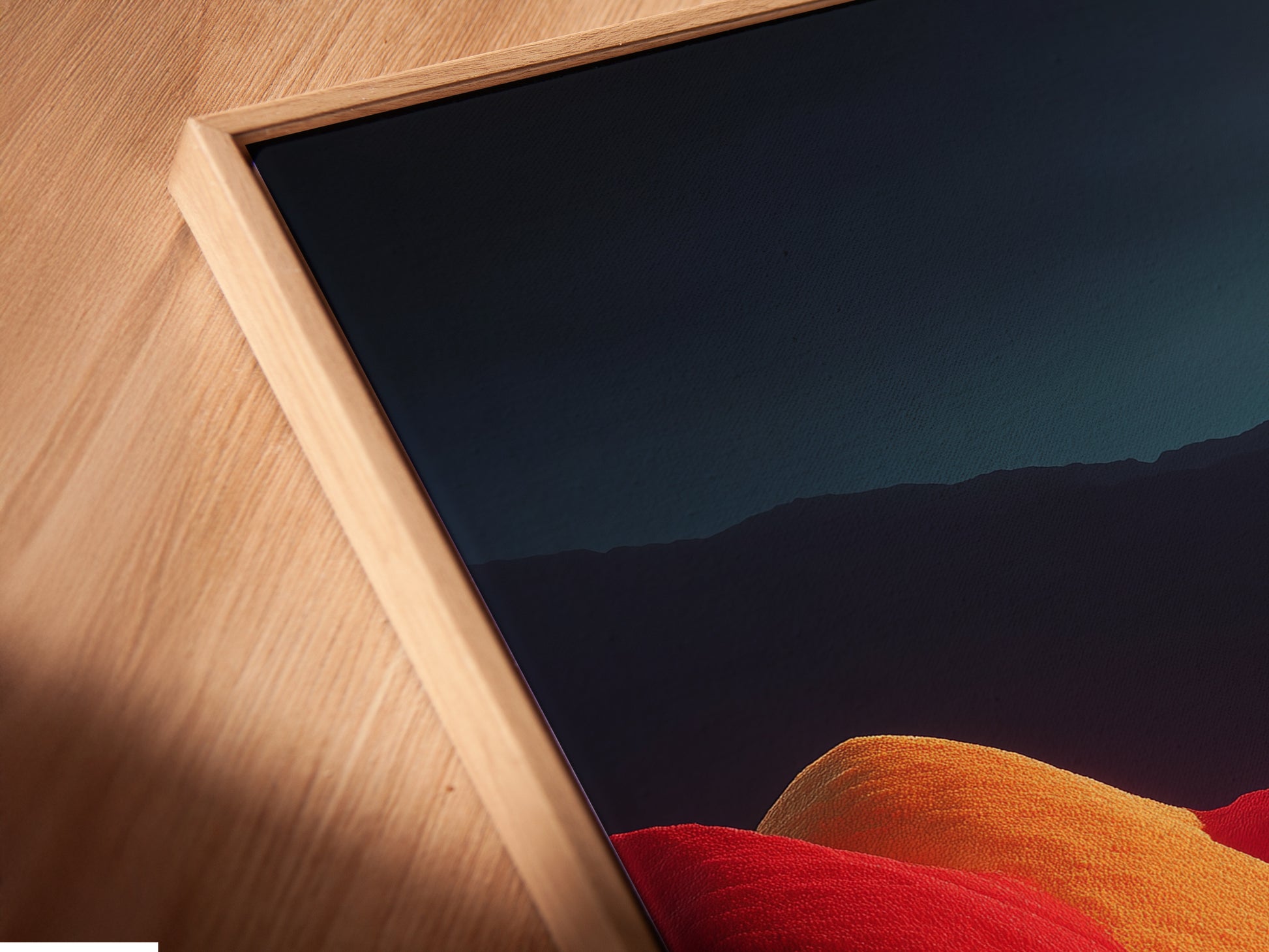 Close-up of a Surreal Train Ride canvas print in a floating frame. The angle showcases the artwork's details. It is a colorful landscape wall art. This whimsical journey artwork is perfect for game rooms. The vivid colors and unique design make it stand out.