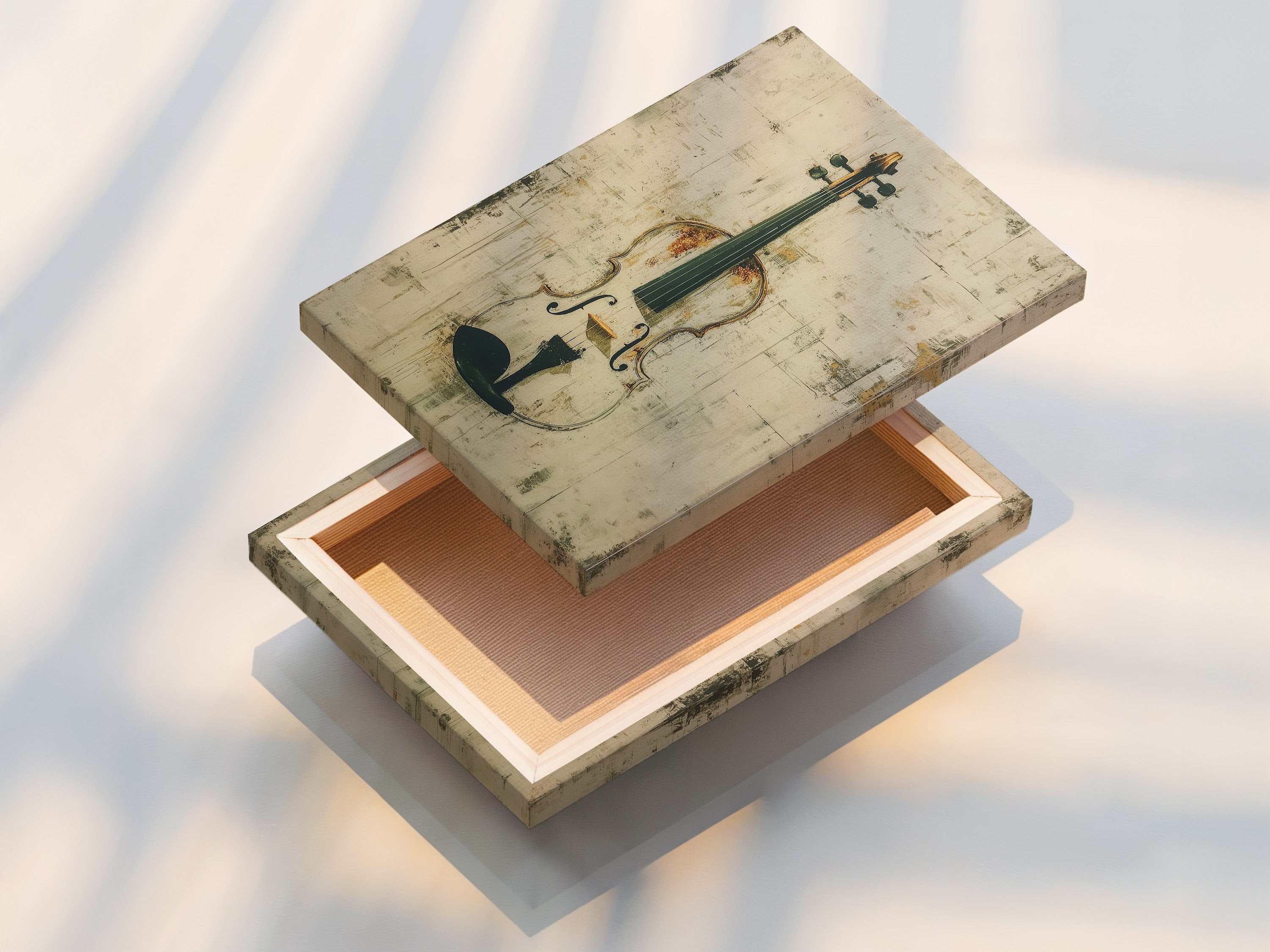 Stretched canvas print of a violin artwork. This vintage musical instrument art is ready to hang. The beige and gold tones add a rustic touch. Perfect for musicians and music enthusiasts alike. Enhances any music room or studio.