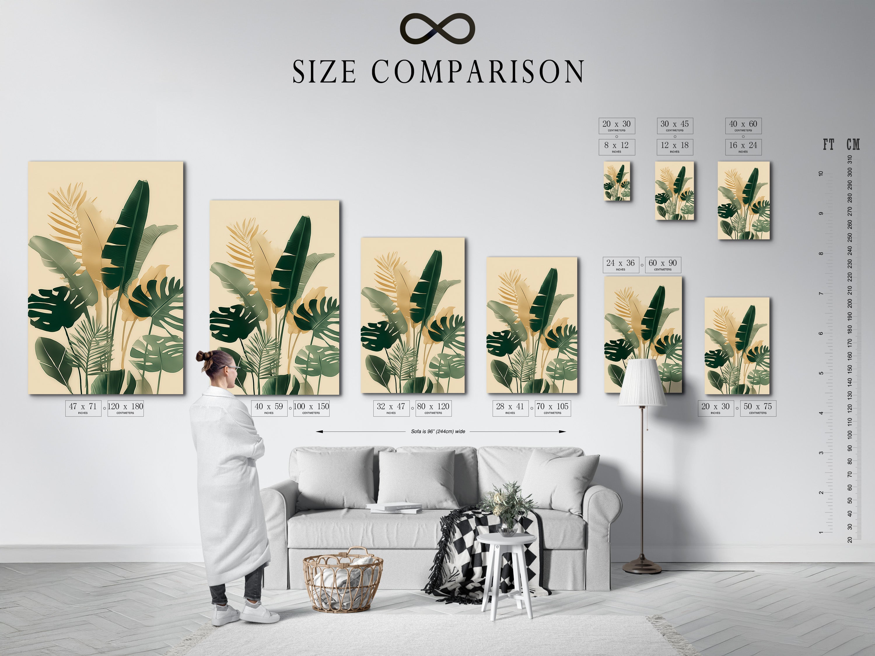 A size comparison chart in an interior setting. This chart helps visualize art dimensions. The chart shows how art fits different spaces. Use our size comparison chart to choose art. Find the perfect size for your home or office.