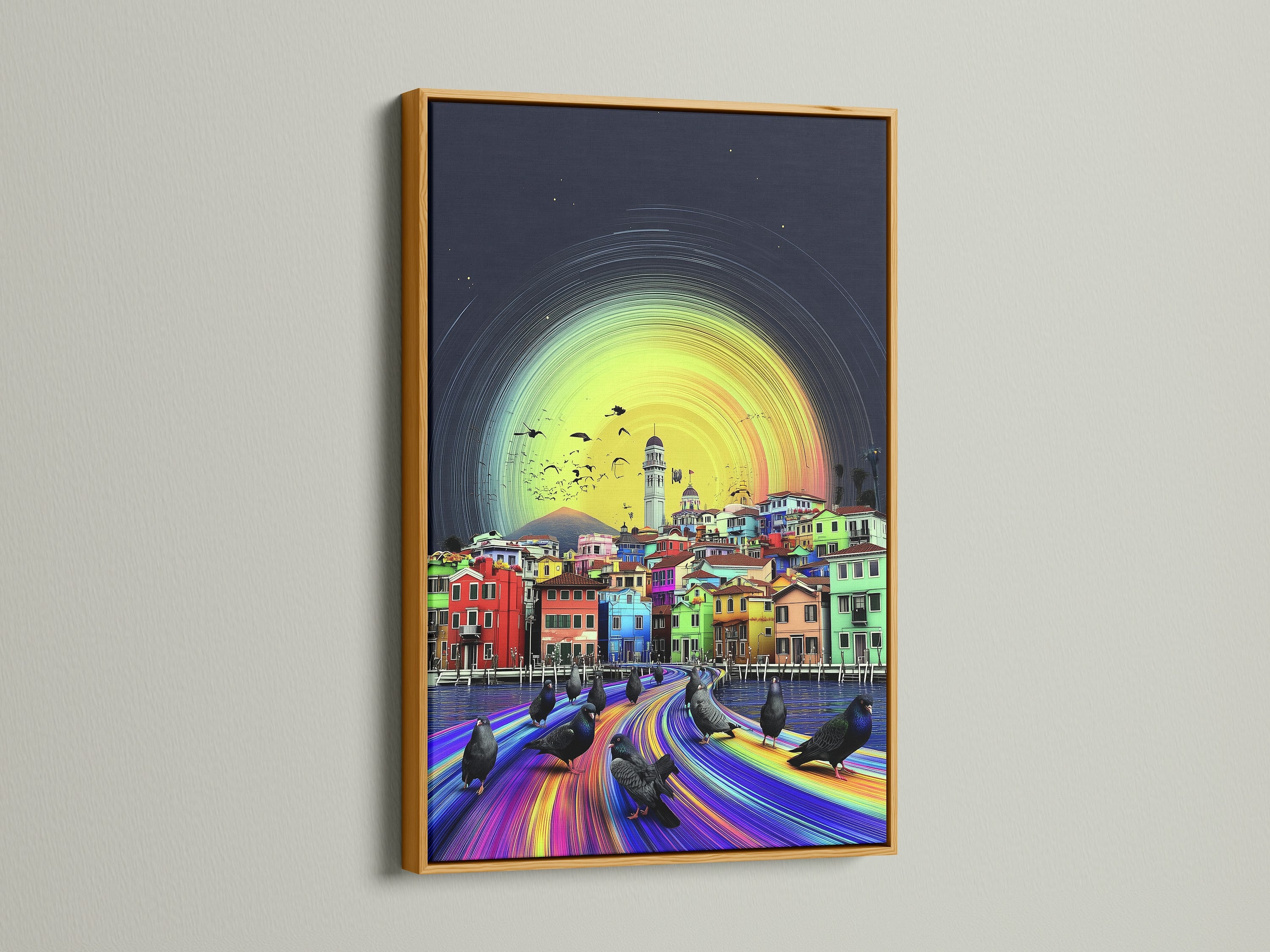 Add a touch of luxury with this Venice cityscape artwork. The vivid art print is displayed in a gold frame. This modern piece brings a colorful and whimsical vibe. Ideal as travel art print or a sophisticated office wall art.