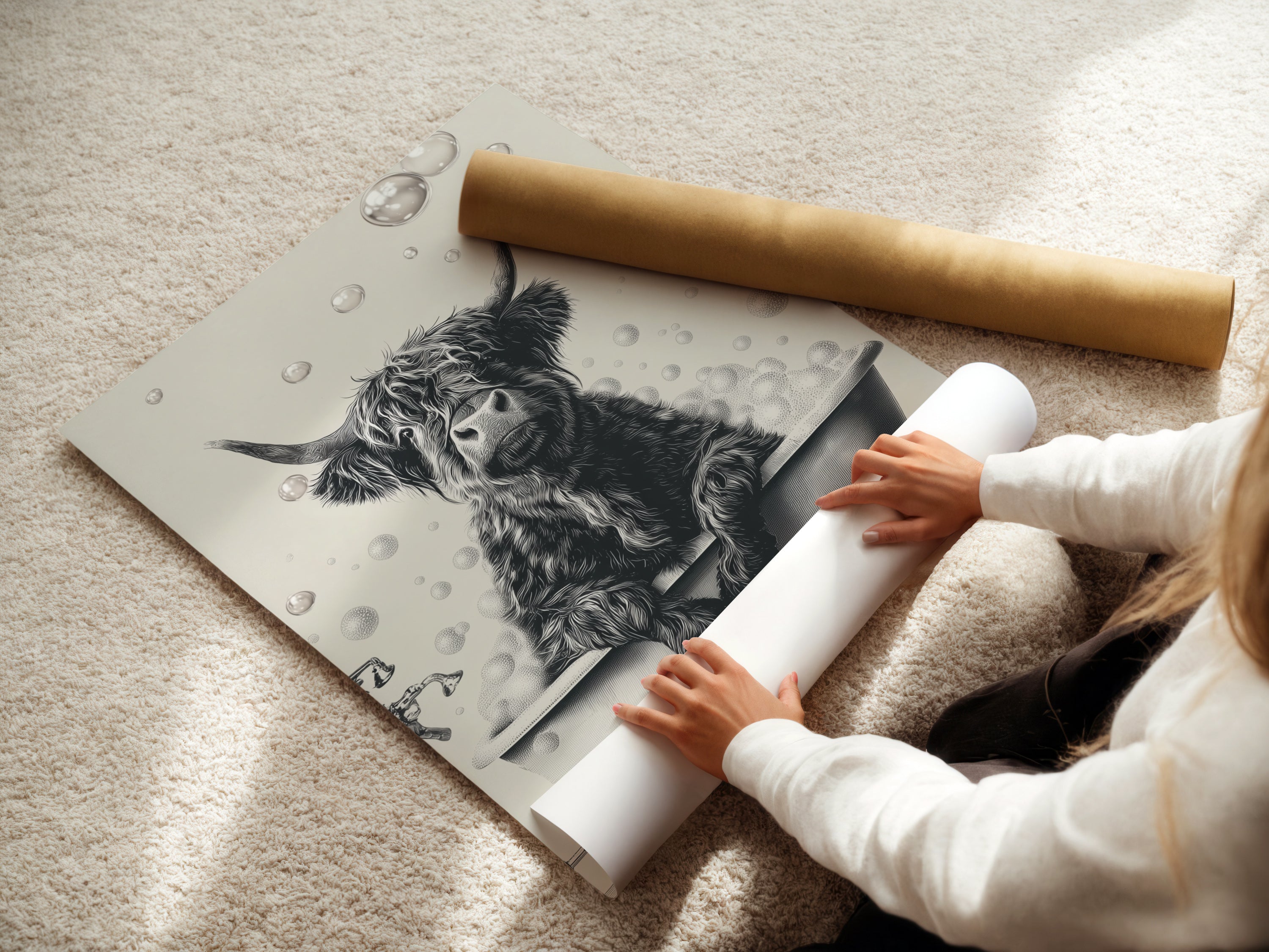 A woman is carefully rolling a fine art poster paper. The paper features a highland cow in a bubble bath. This funny animal print is great for adding humor to your decor. Perfect for washroom decor or as a quirky office accent. The fine art poster paper ensures high-quality reproduction.