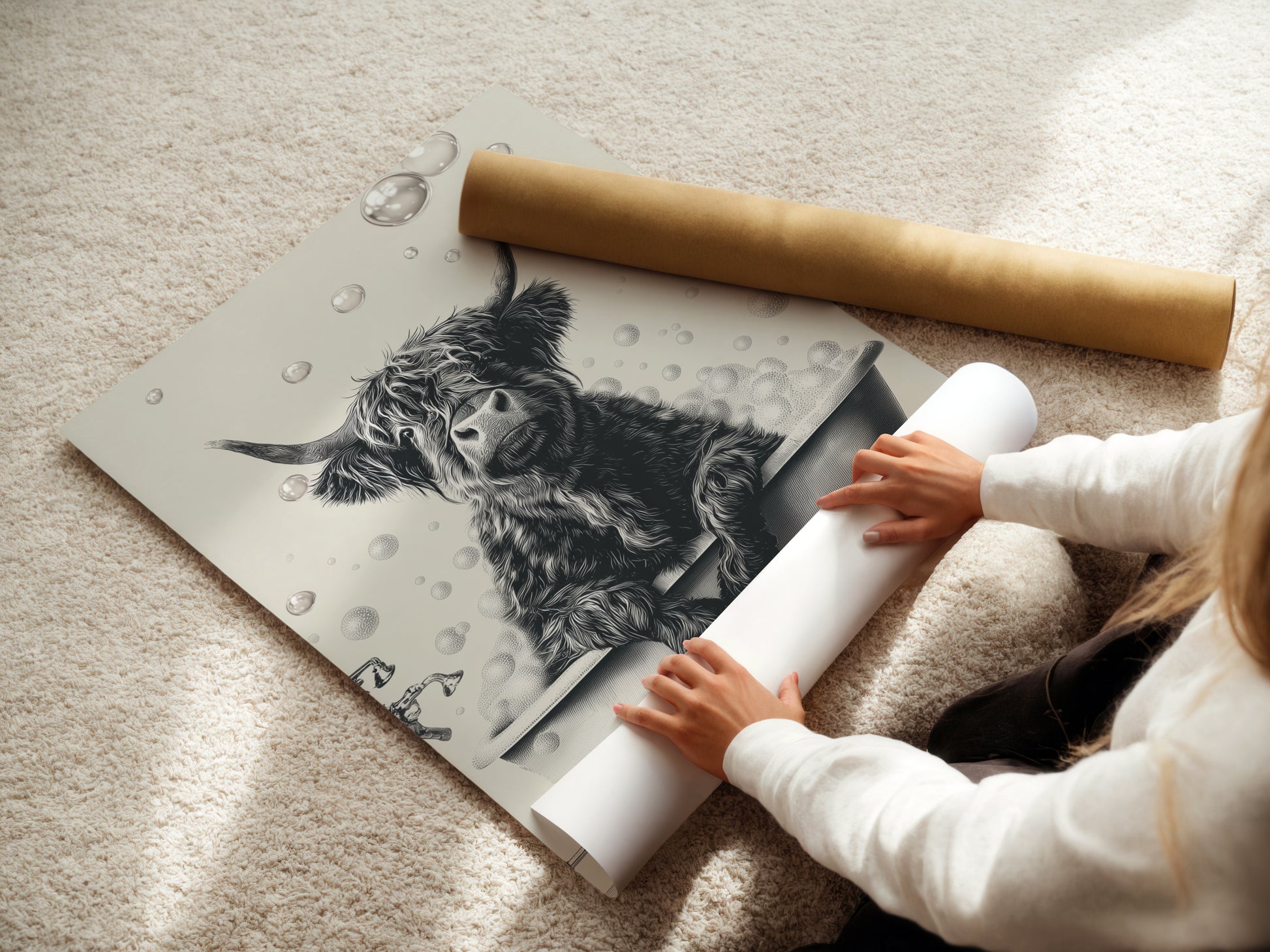 A woman carefully rolls a fine art poster paper featuring a highland cow in a bathtub. This funny animal print is perfect for bathroom wall art. Choose from a variety of sizes. This restroom decor adds a unique touch to your home. Order your cow lover gift today.