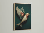 Elegant bird artwork displayed in an oak frame. This fantasy wall art uses neutral tones perfect as bedroom wall art. The whimsical artwork brings magic home. The oak frame enhances this serene wall art.