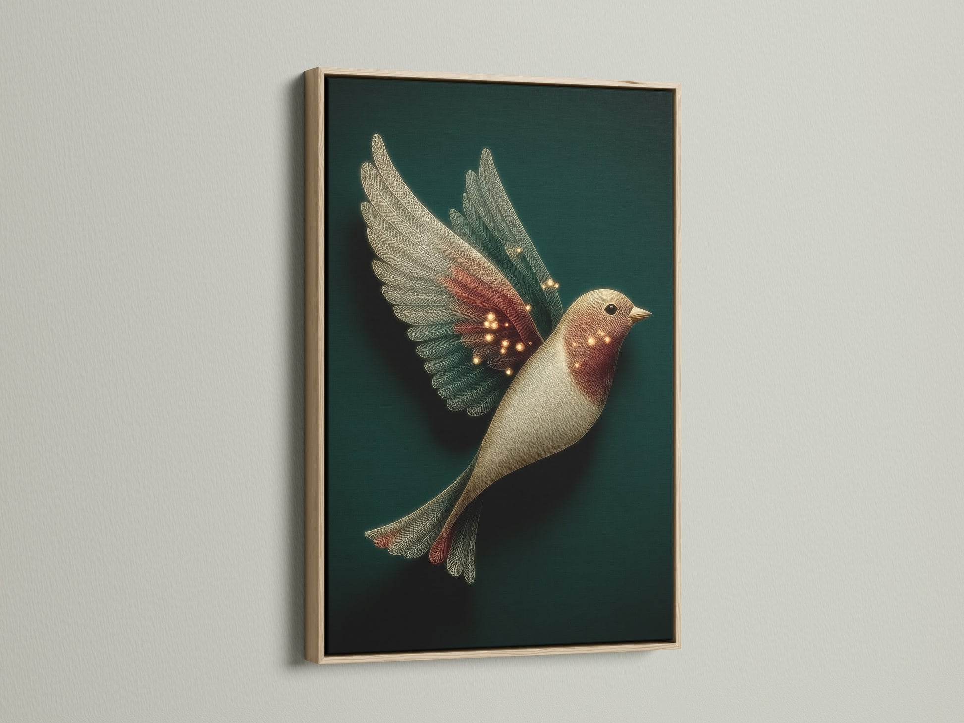 Elegant bird artwork displayed in an oak frame. This fantasy wall art uses neutral tones perfect as bedroom wall art. The whimsical artwork brings magic home. The oak frame enhances this serene wall art.