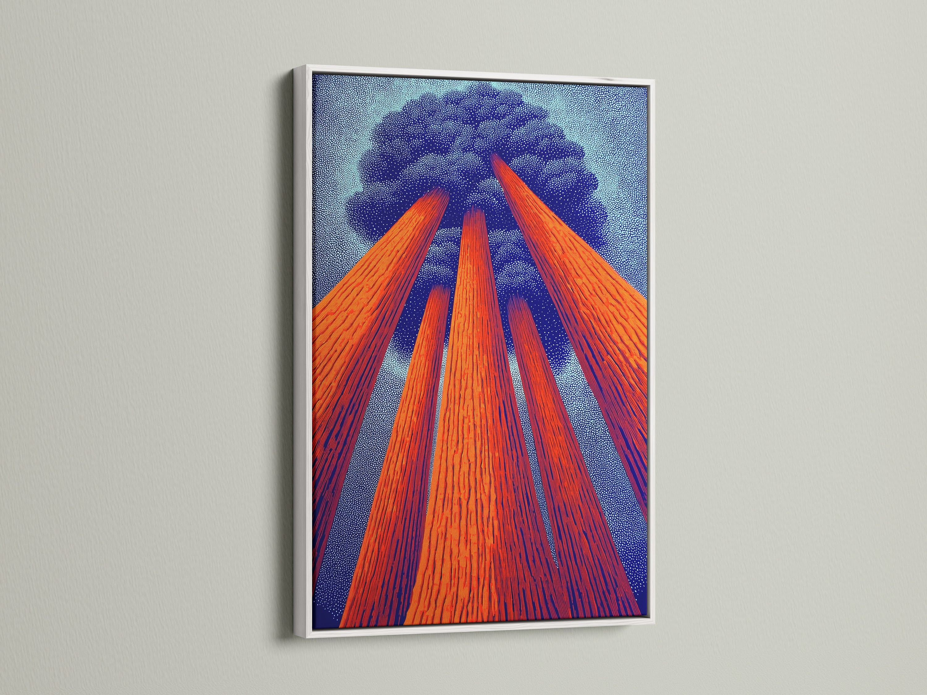 Sequoia Canvas Print featured in a white frame. This redwood forest wall art adds a serene touch to any room. The white frame enhances the modern tree artwork. Earth tones create a calming effect. Ideal as living room wall art.