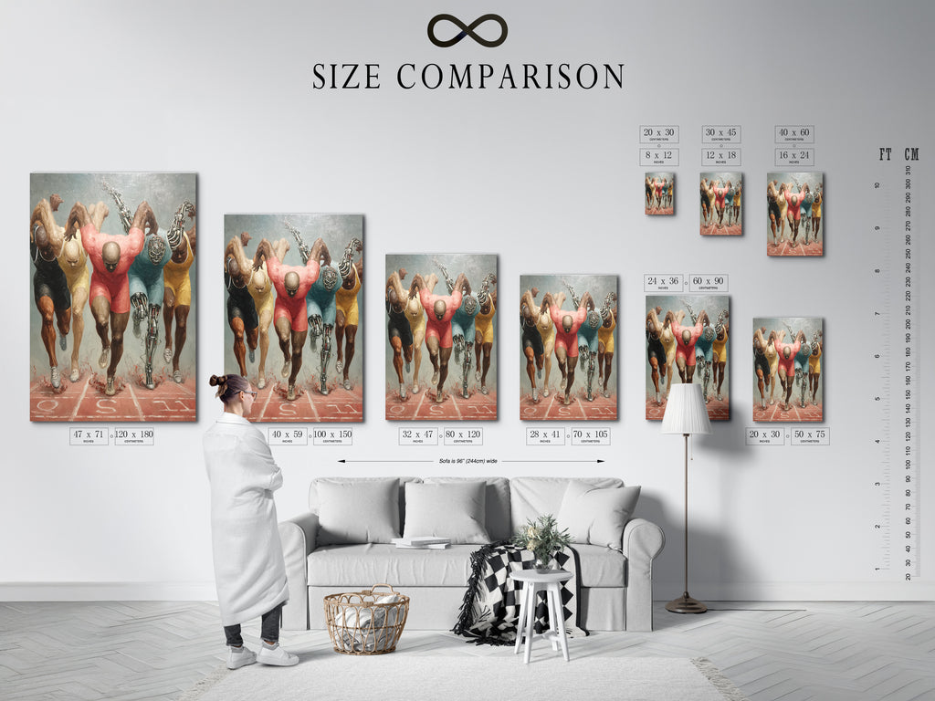 A size comparison chart showing the running athletes artwork in an interior setting. Visualize the perfect size for your space. This chart helps you choose the best fit for your home gym or office. Various sizes are available to suit your sports wall art needs.