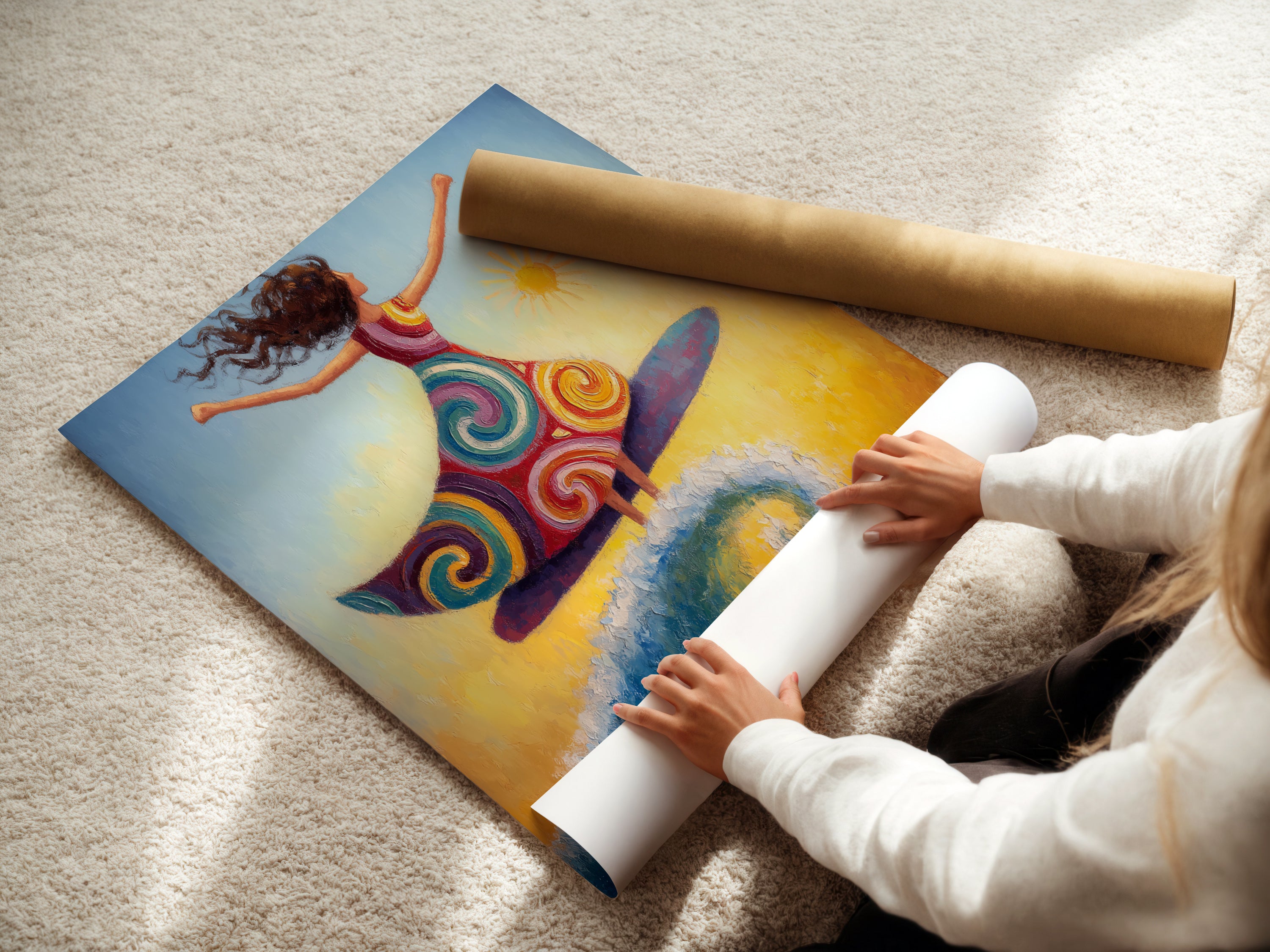 A woman is carefully rolling a fine art poster paper. This highlights the care in handling the bohemian artwork. The fine art poster paper ensures a high-quality print of the surfing girl. Ideal for coastal decor enthusiasts and art collectors.