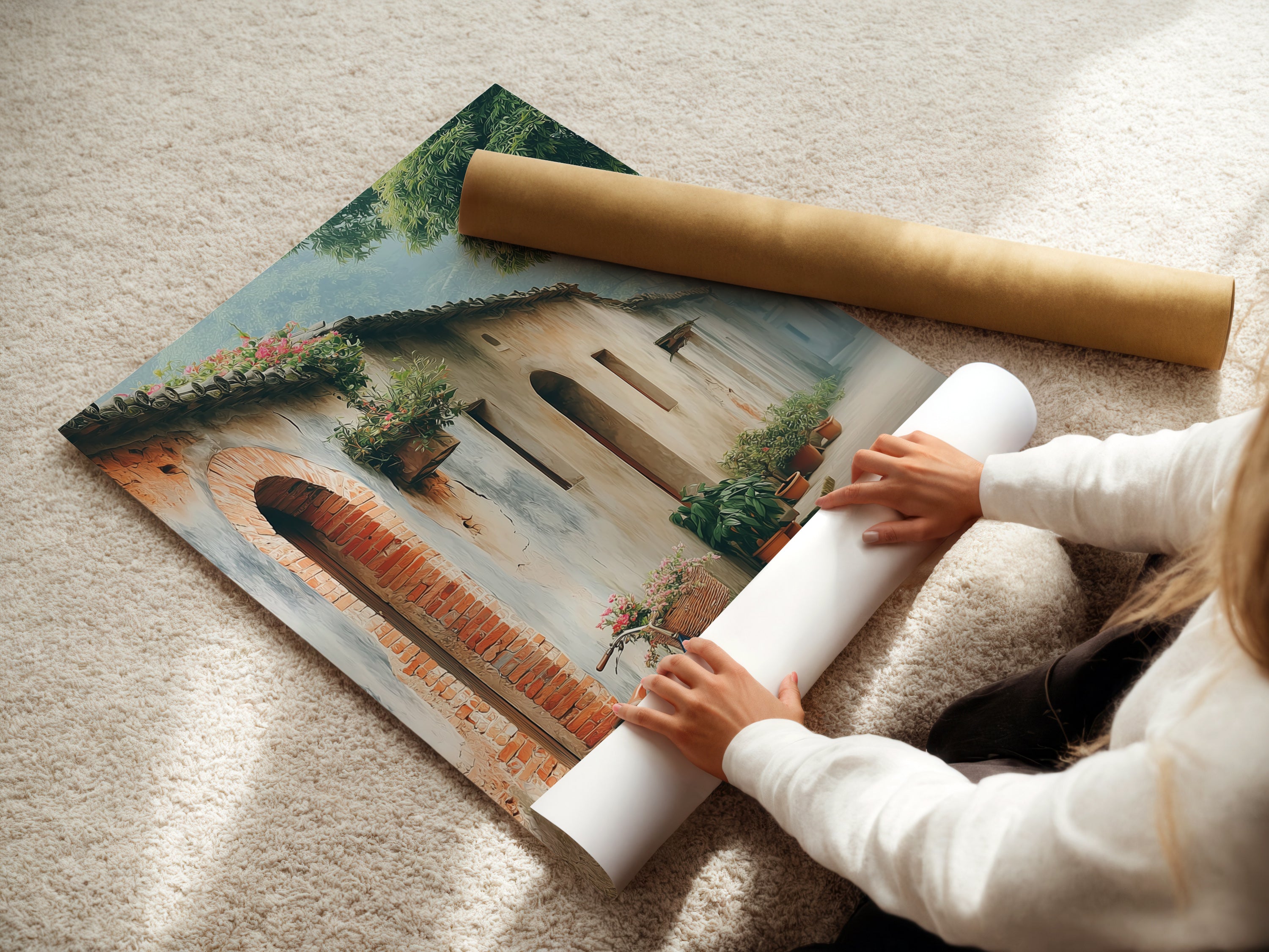 A woman rolls fine art poster paper. Preparing vintage bicycle art for printing. High-quality materials ensure a beautiful final product. This European street scene is ready for framing. The rustic architecture artwork is carefully crafted.