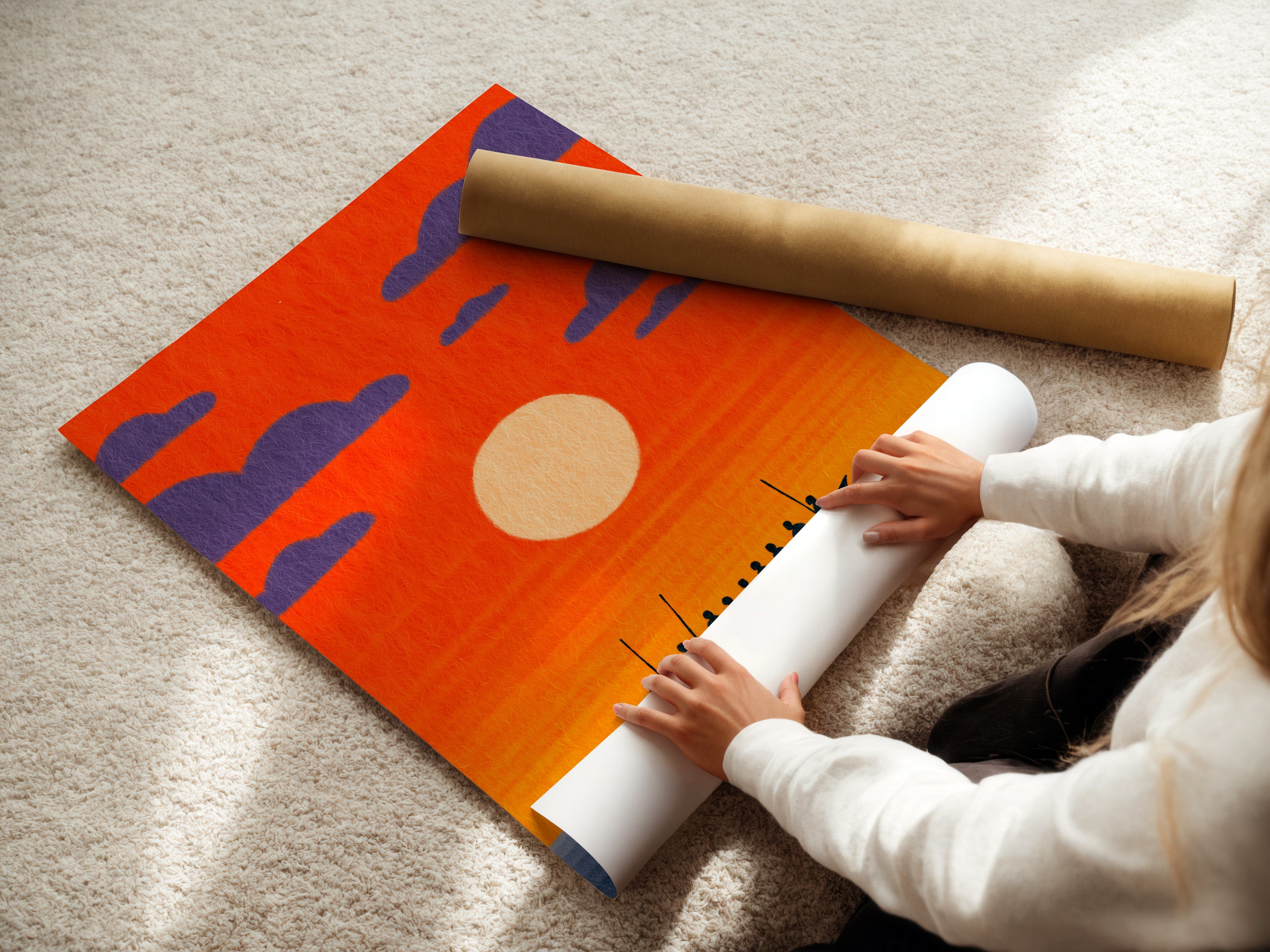 A woman is carefully rolling a fine art poster paper. This nautical seascape poster features the Sunset Boat artwork. Ensuring its pristine condition for delivery. Experience the quality of our fine art prints. Order now.