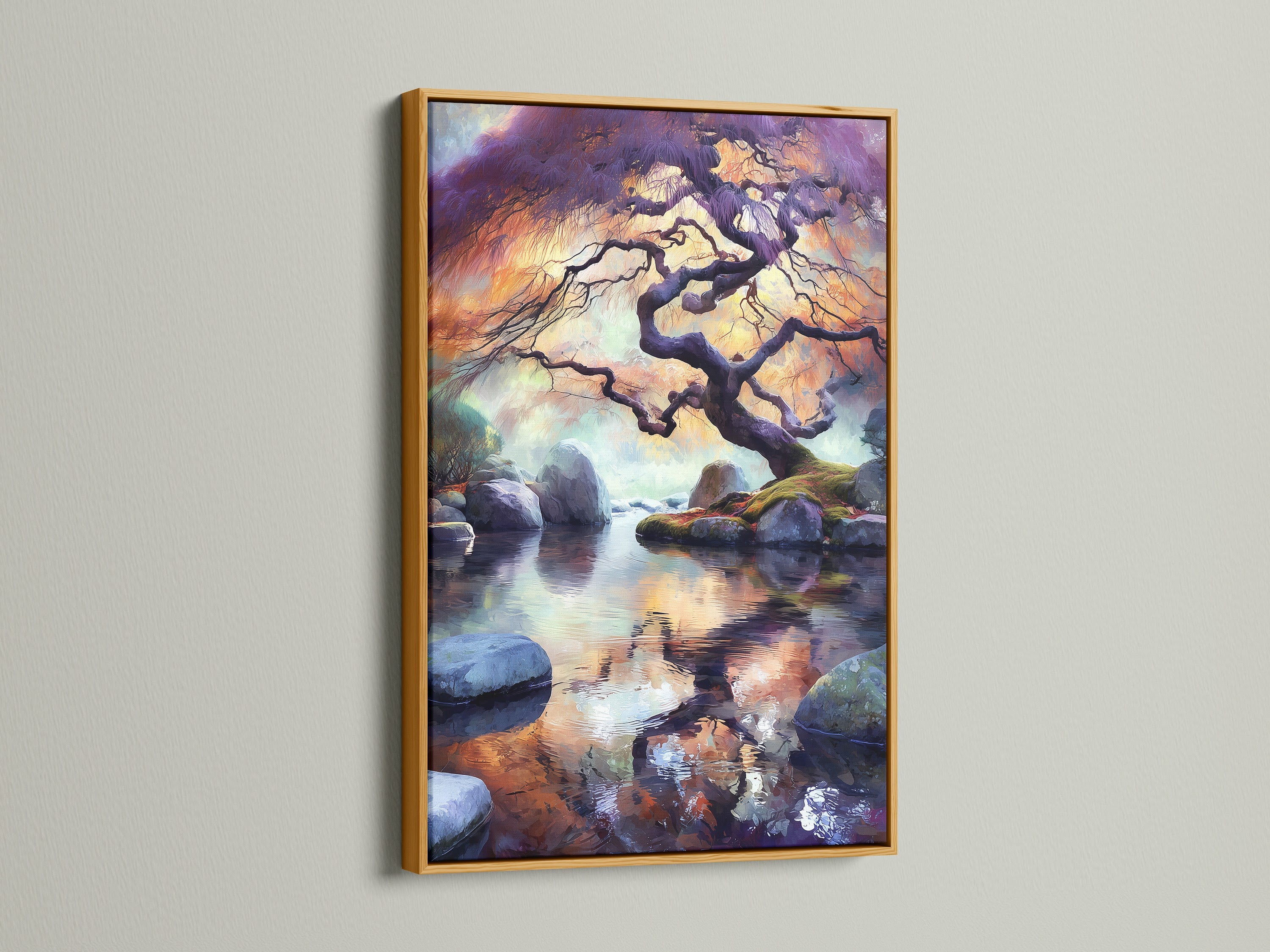 Here is a Japanese Tree Canvas Print in a gold frame. The artwork brings an element of sophistication. The zen water reflection creates a calming ambiance. The Asian landscape artwork is ideal for creative workspaces. This tranquil artwork is a great addition.